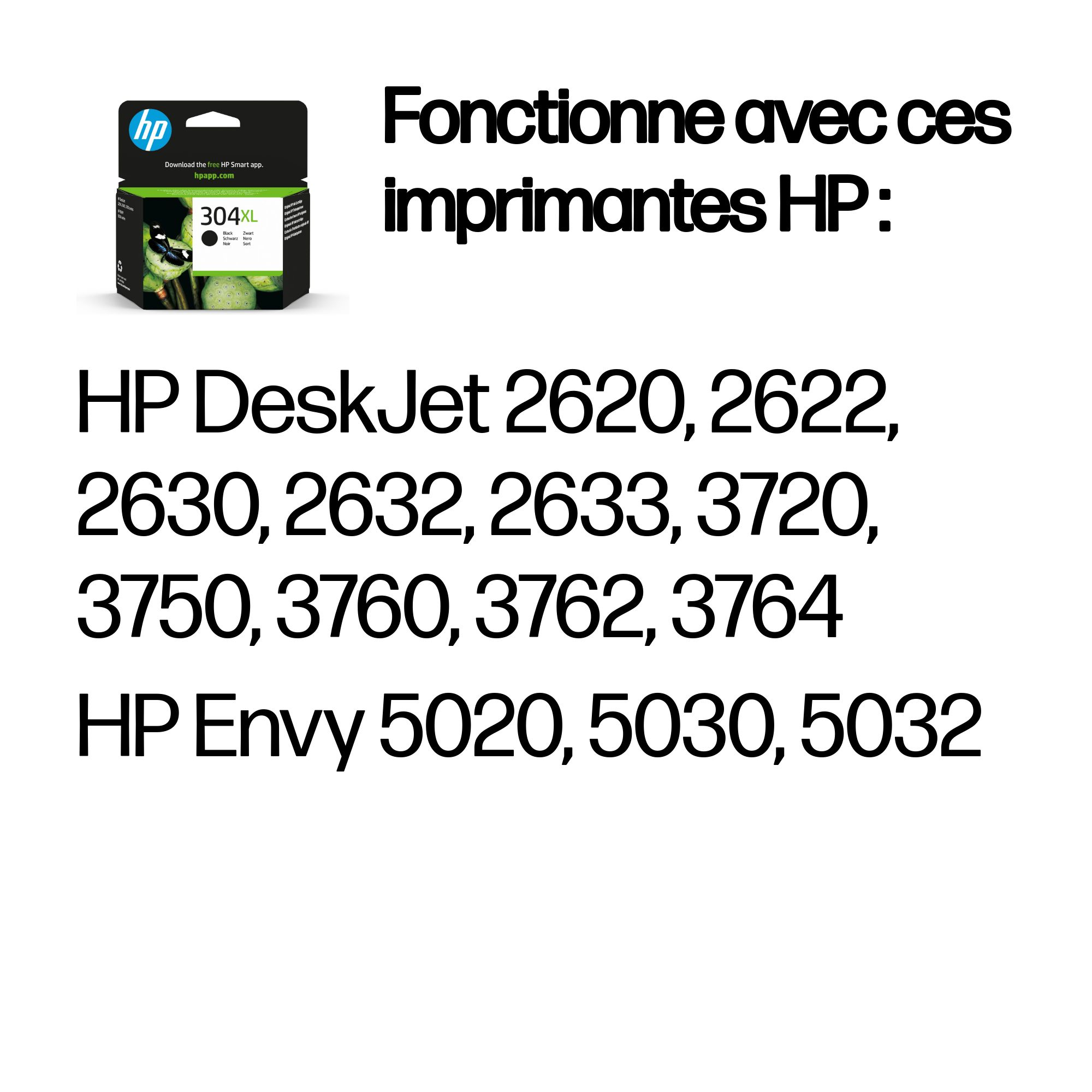 Cartouche d'encre d'imprimante HP avec liste d'imprimantes compatibles. La cartouche est dans une boîte.