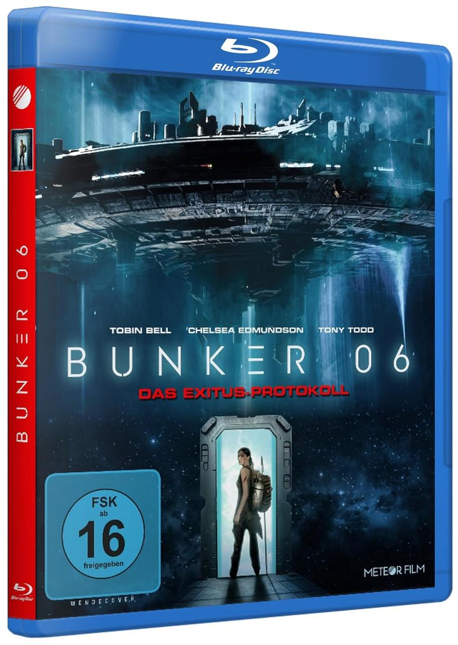 Blu-ray-Disc-Cover für den Film 'Bunker 06'. Zeigt ein Raumschiff und eine Frau in einem Gang.