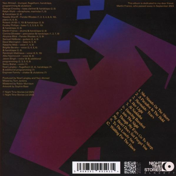 Albumcover mit Titeln und Künstlerdetails, dunkler Hintergrund.