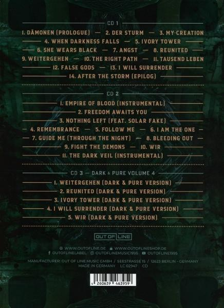 Die Rückseite einer CD-Hülle mit Titellisten und einem Logo auf dunklem Hintergrund.