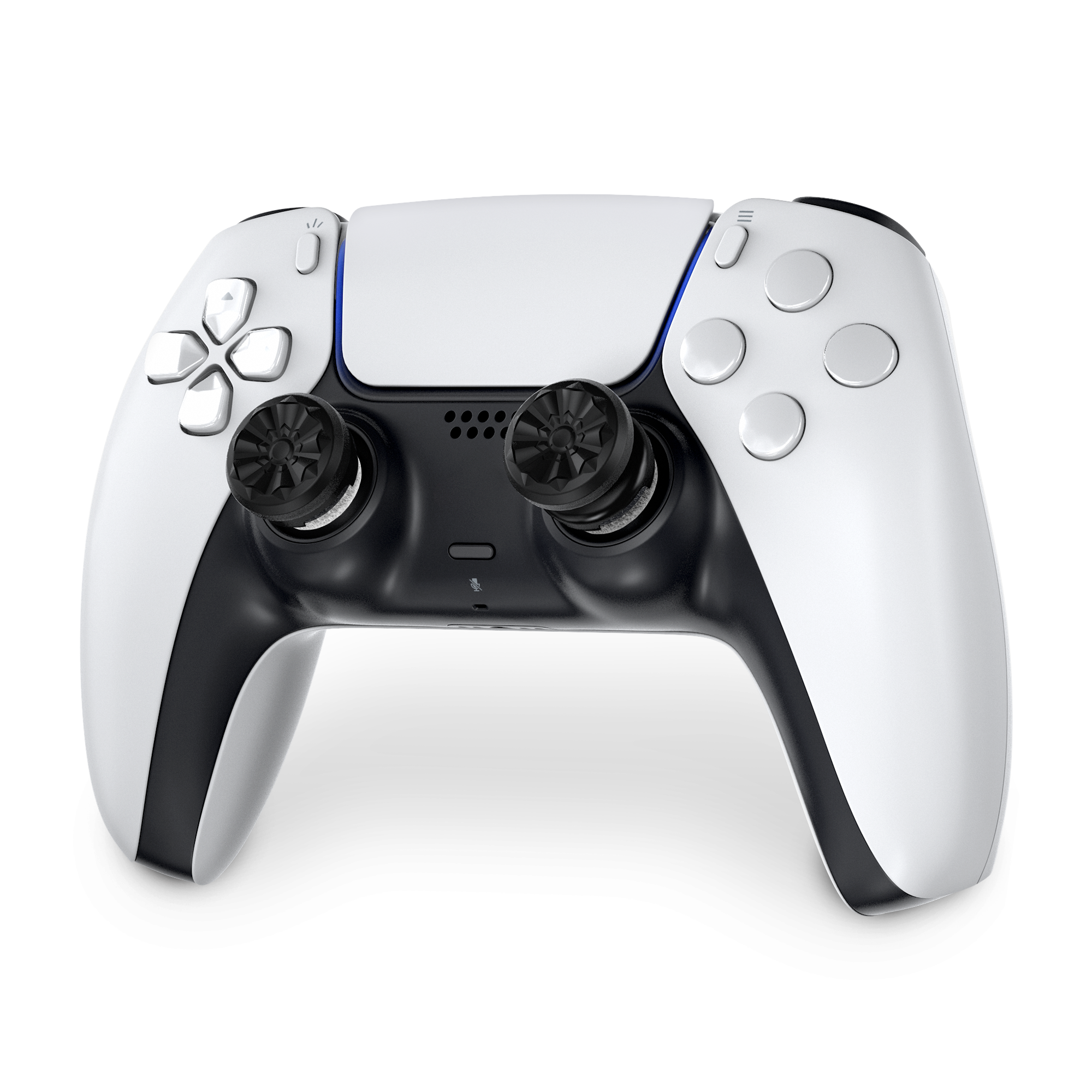 Biało-czarny kontroler Playstation 5 z czarnymi joystickami i przyciskami.