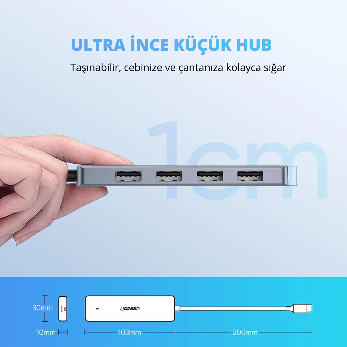 Boyutları ve onu tutan bir el ile gümüş bir USB hub.