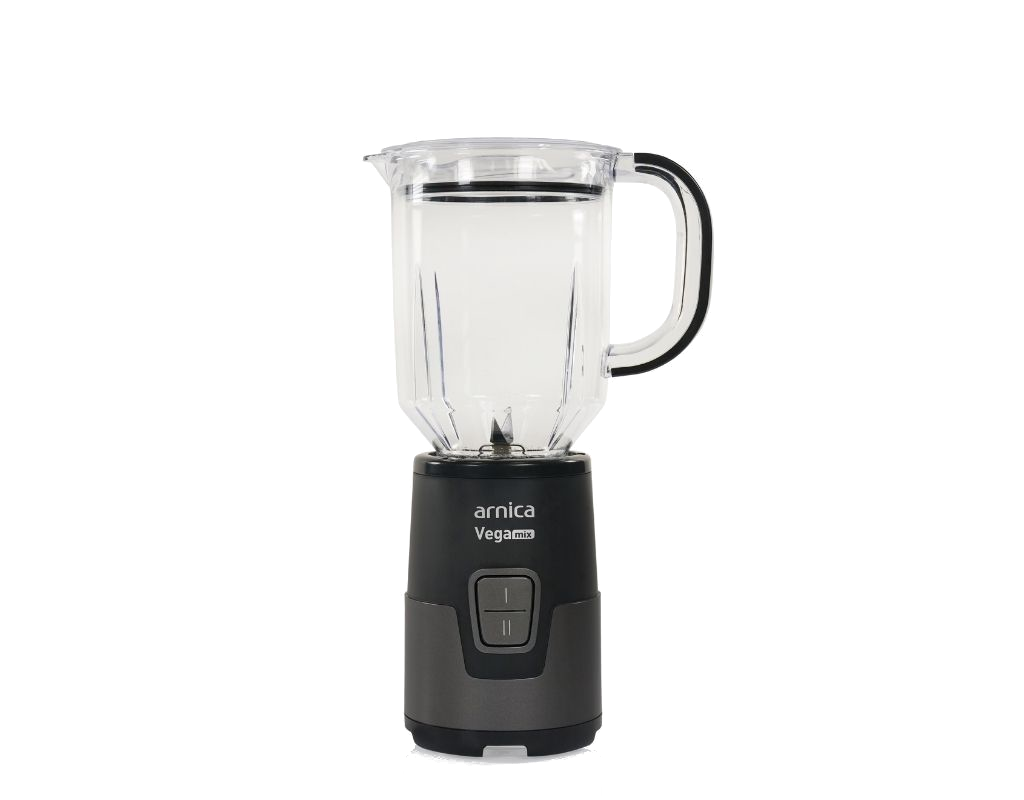 Siyah ve gri blender, şeffaf sürahi.