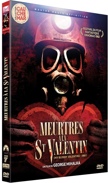 DVD-hoes voor 'My Bloody Valentine'. Toont een gasmasker en een hart. Rode en zwarte tinten.