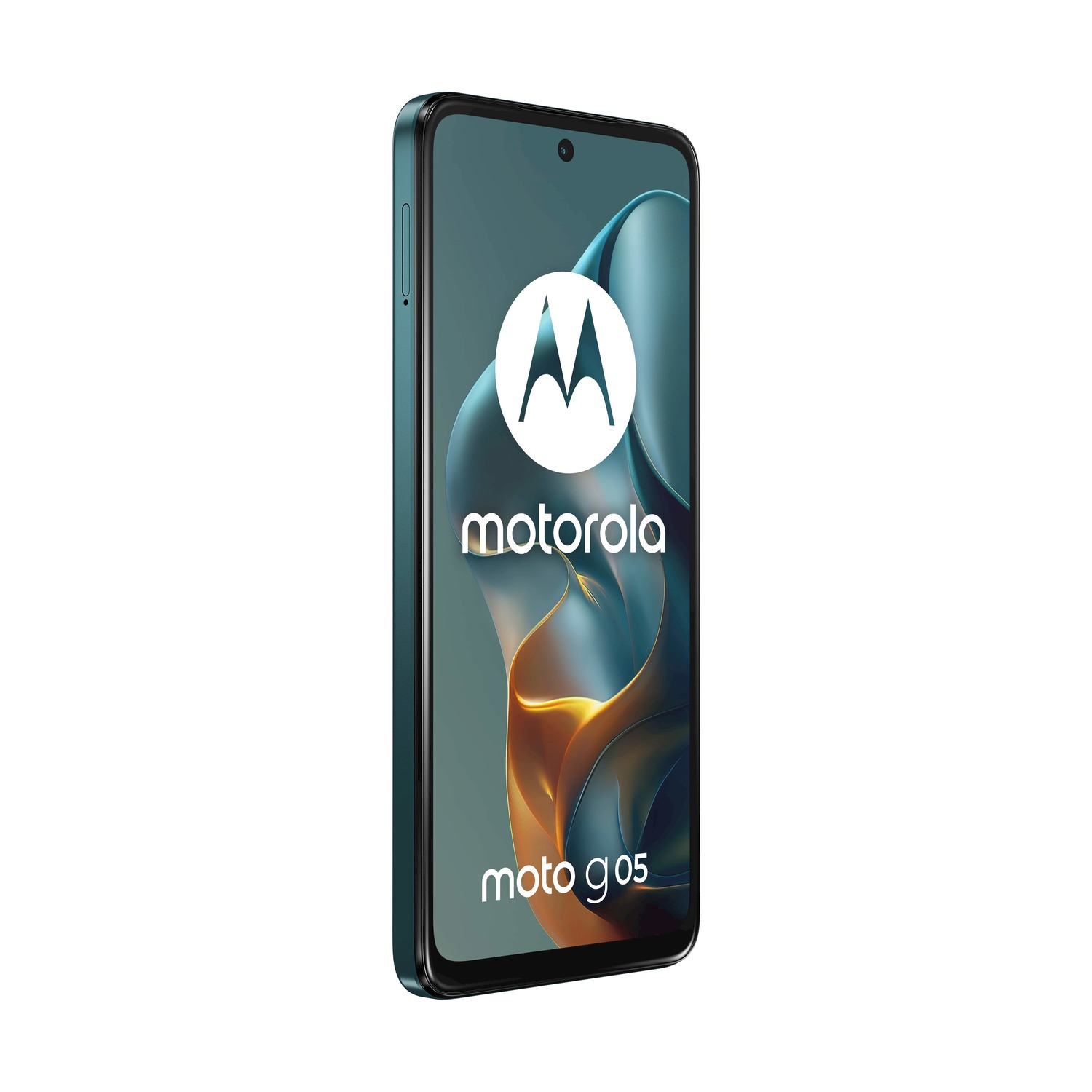 Smartphone Motorola Moto G05. Lo schermo mostra una grafica vorticosa e il logo Motorola.