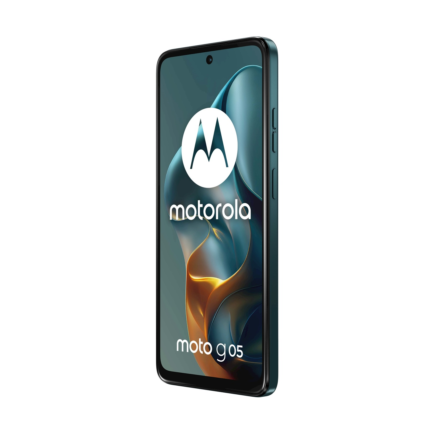Uno smartphone Motorola Moto G05 su sfondo bianco, custodia blu.