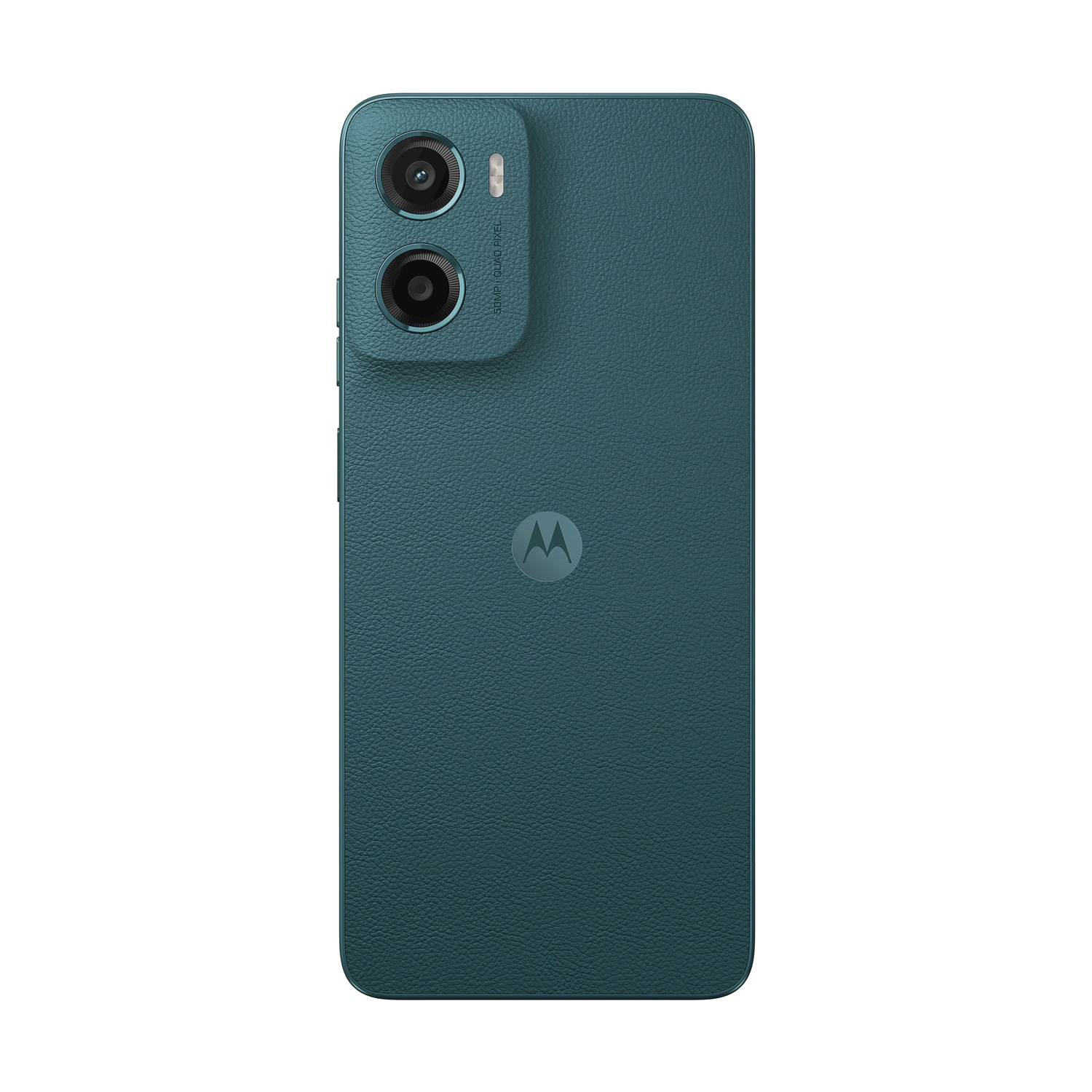 Retro di un telefono Motorola verde acqua. Ha due fotocamere e un logo Motorola.