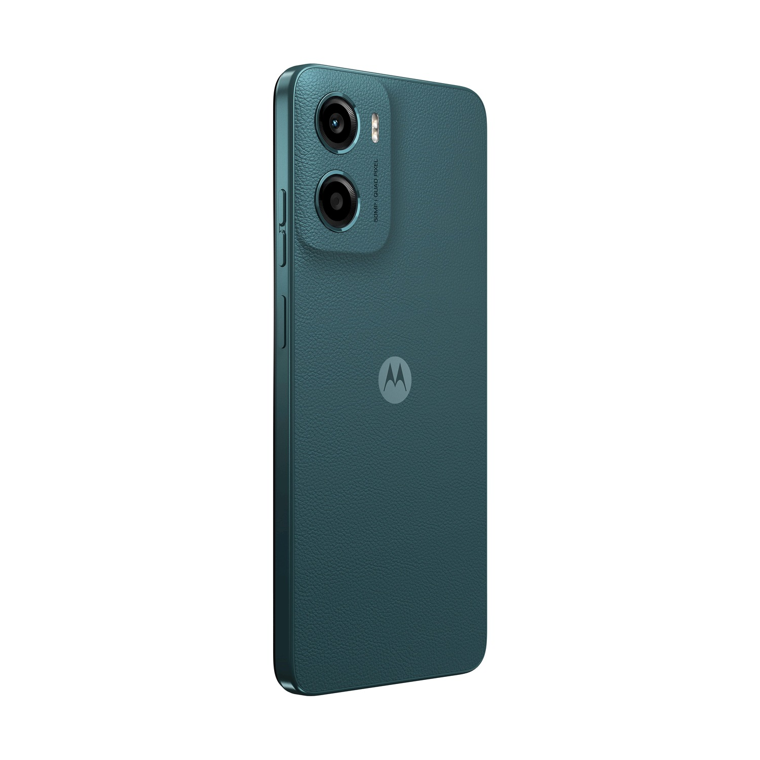 Un telefono color verde acqua con doppia fotocamera e il logo Motorola sul retro.