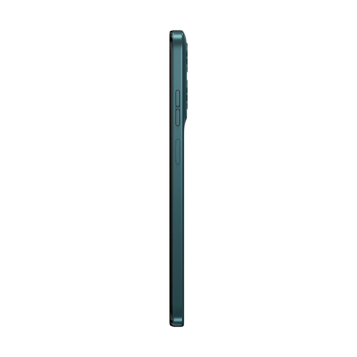 Uno smartphone color verde acqua scuro, vista laterale, su sfondo bianco.