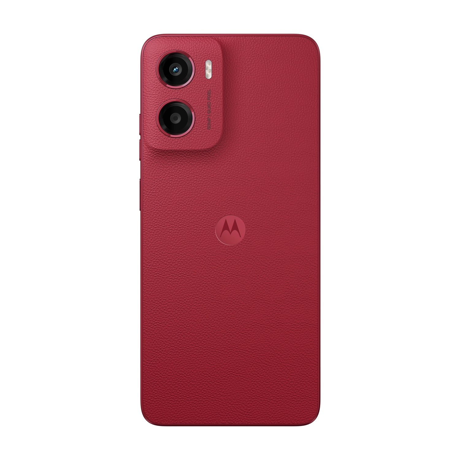 Retro di smartphone rosso con doppia fotocamera e logo Motorola.