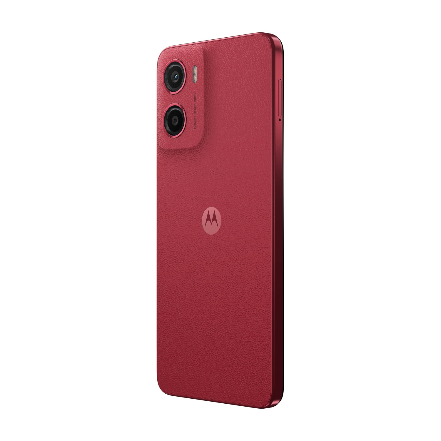 Smartphone rosso con due fotocamere e logo Motorola, visto da dietro.