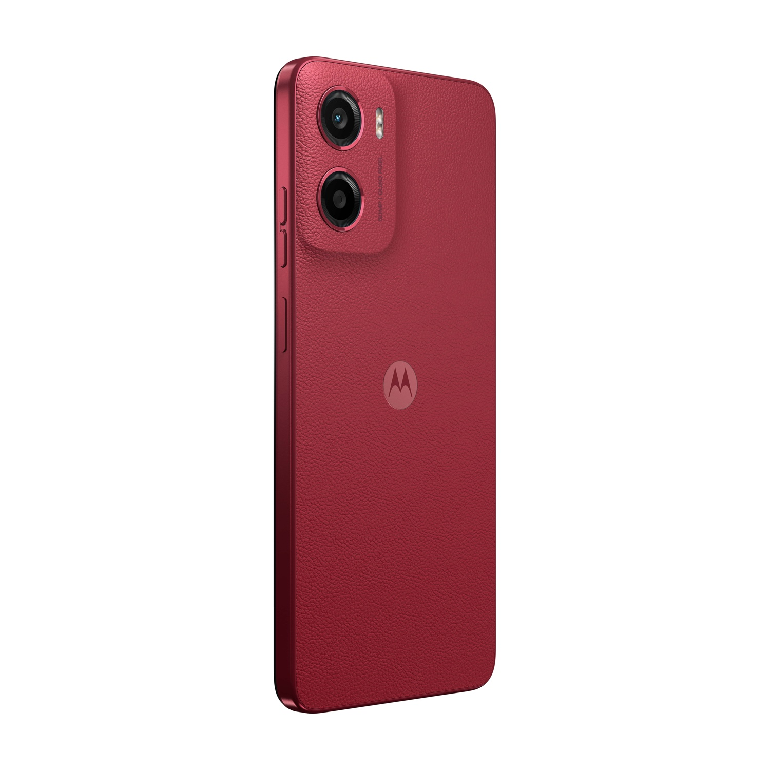 Smartphone rosso con due fotocamere e un logo Motorola sul retro.