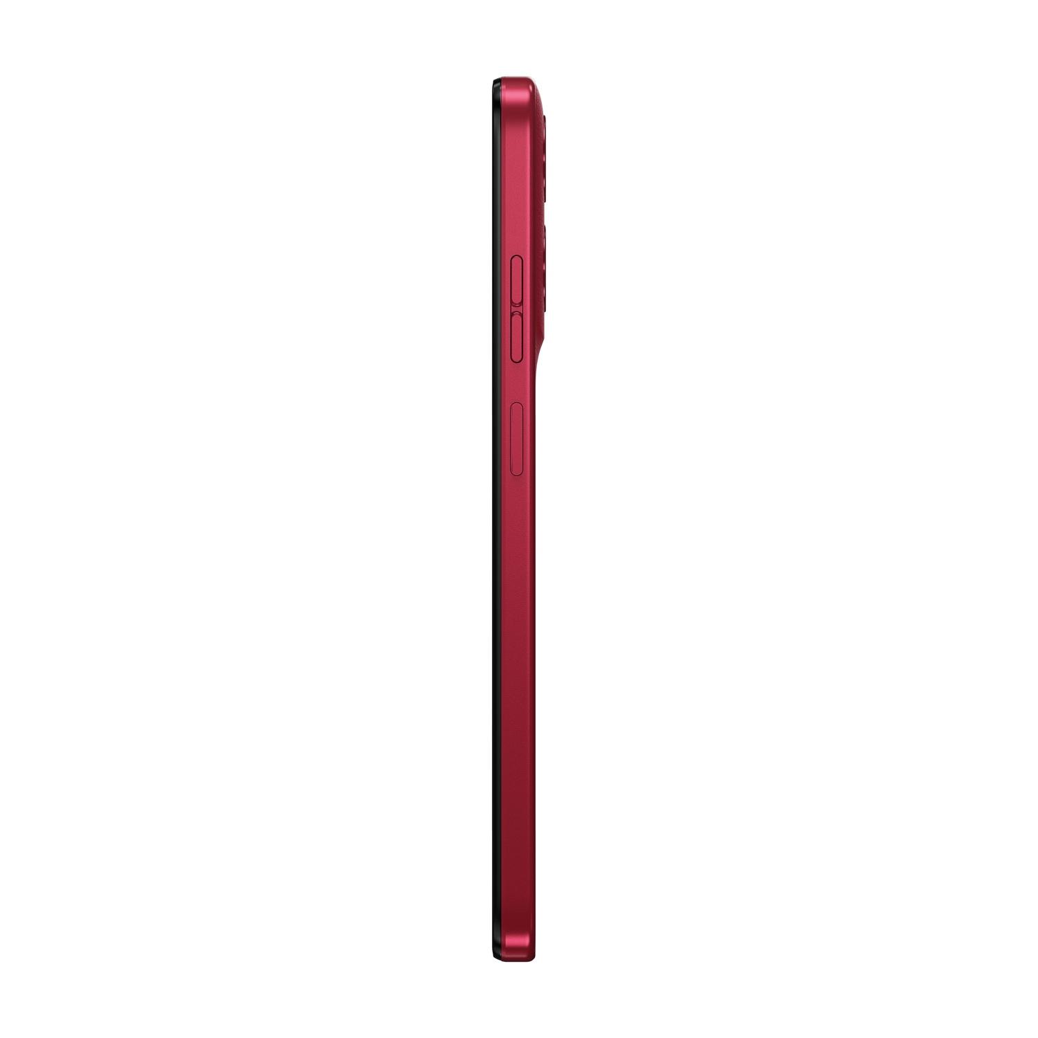 Vista laterale di uno smartphone rosso con pulsanti e sporgenza della fotocamera.