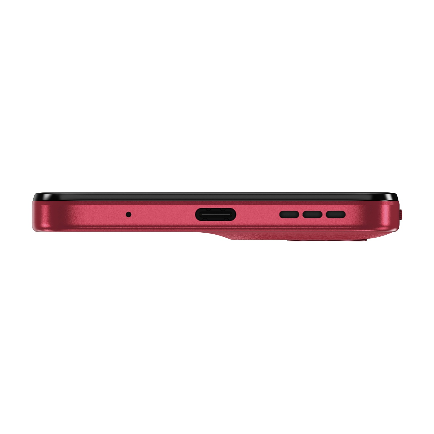 Vista laterale smartphone rosso, mostra porte. Bordo superiore e pulsanti neri, design elegante, su sfondo bianco.
