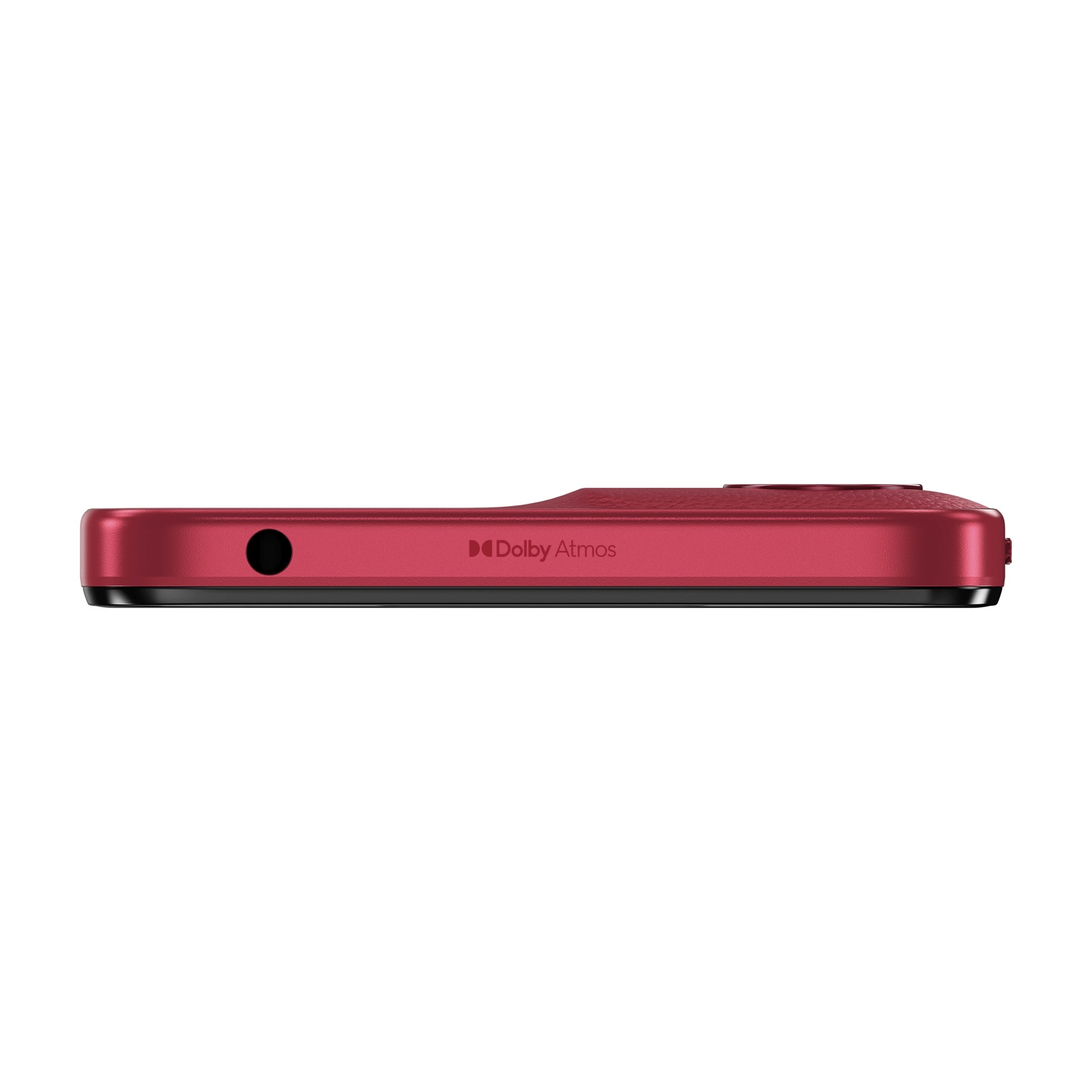 Vista laterale telefono rosso, con logo Dolby Atmos, foro nero.