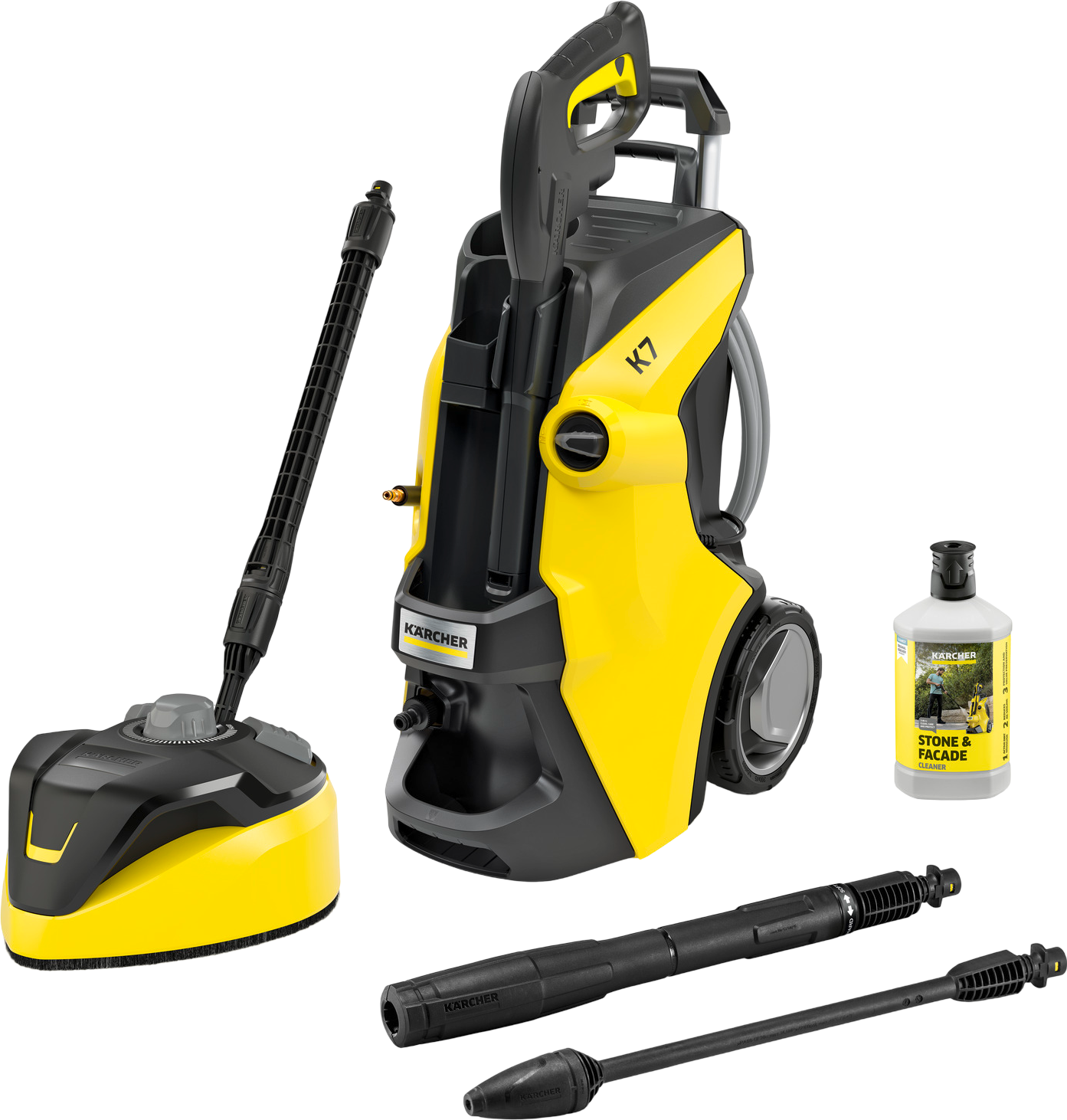 Gelb-schwarzer Karcher Hochdruckreiniger mit Zubehör. Enthält eine Flasche Reinigungslösung.