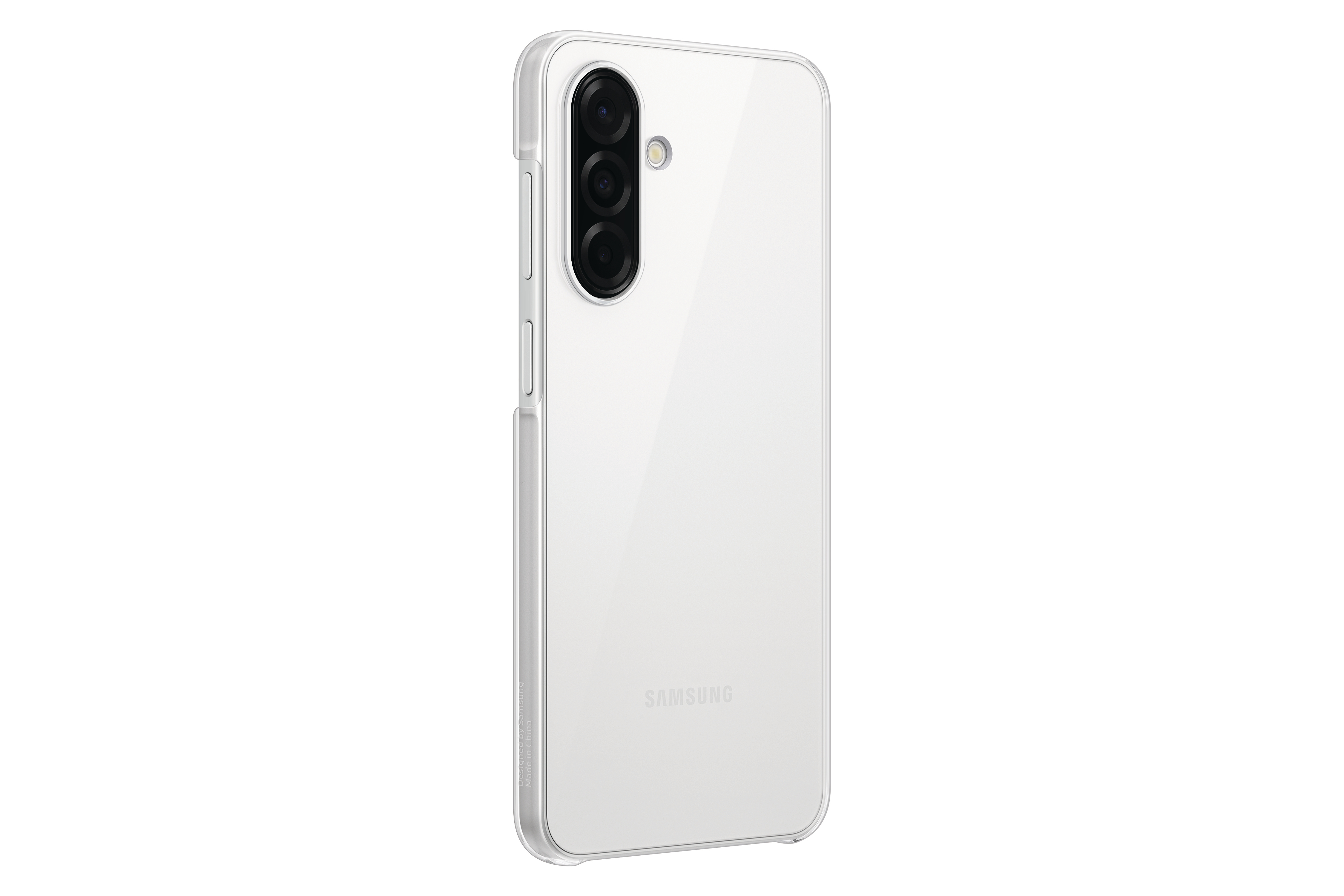 Weißes Samsung-Handy, Rückansicht. Es zeigt das Kameramodul und das Samsung-Logo.