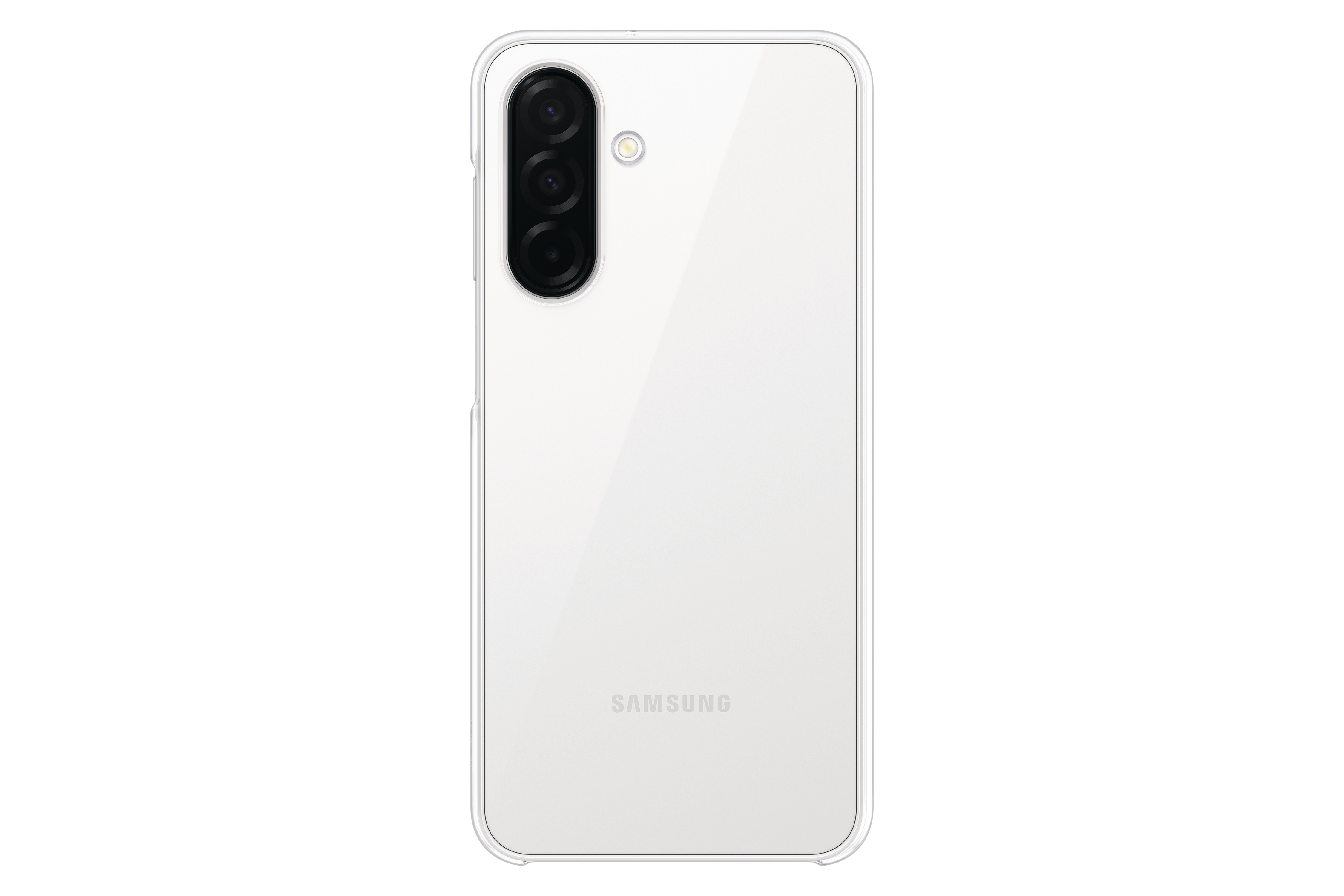 Weiße Smartphone-Rückseite mit Kamera und Samsung-Logo.
