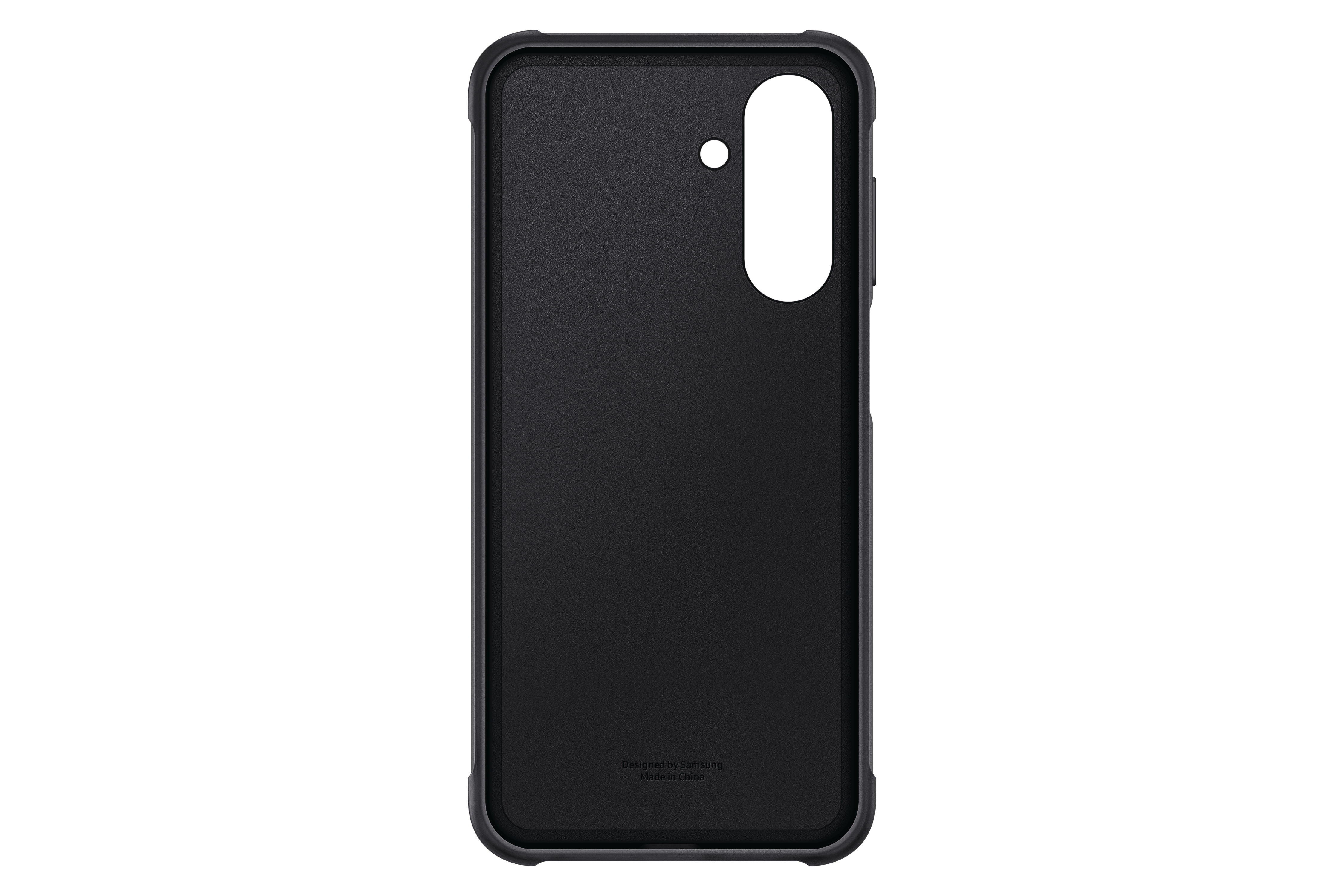 Eine schwarze Telefonhülle mit glatter Textur. Die Innenseite zeigt einen Ausschnitt für die Kamera und den Markennamen.
