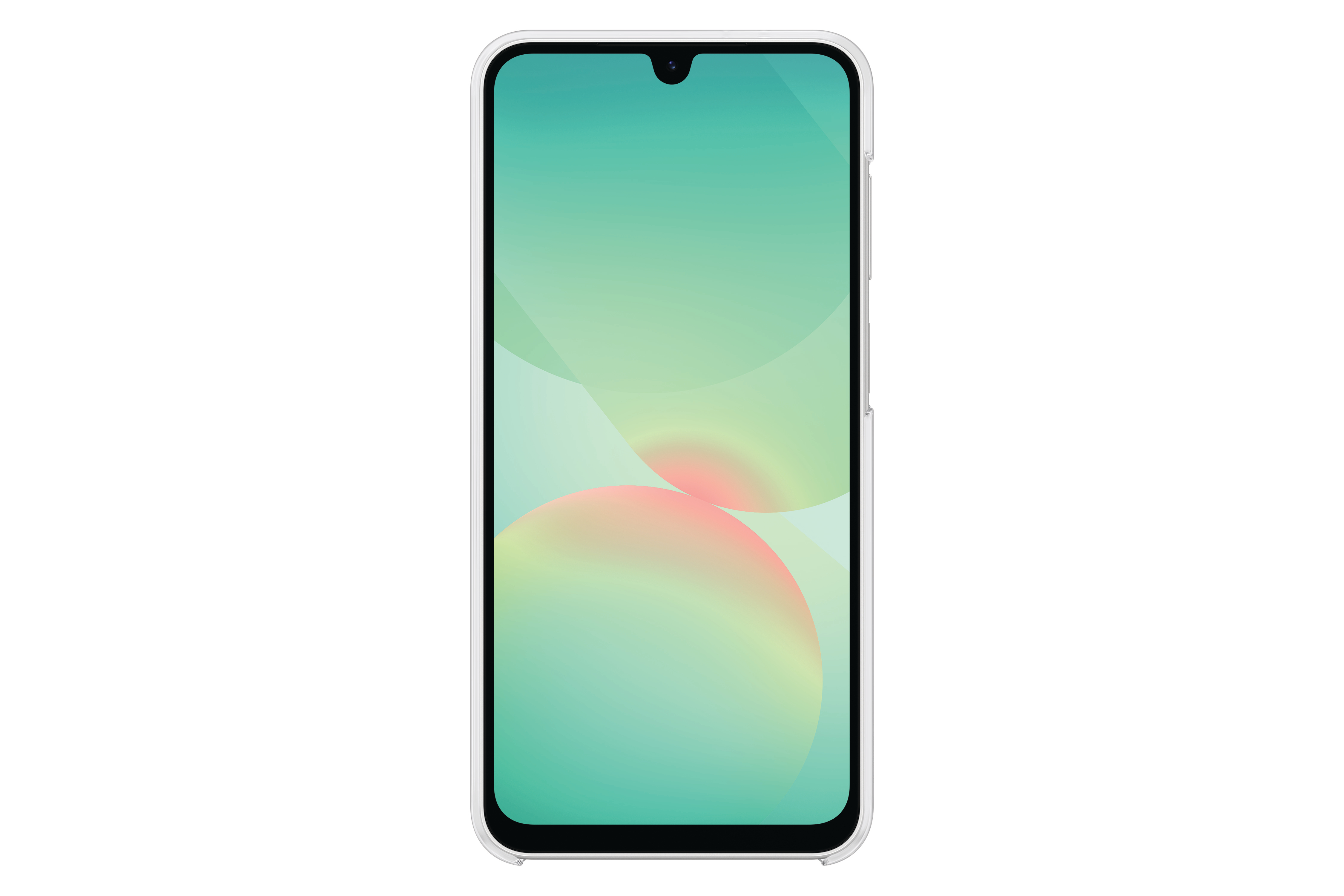 Ein Smartphone mit weißem Rahmen und einem Bildschirm, der einen farbenfrohen, abstrakten Hintergrund zeigt, isoliert auf Weiß.