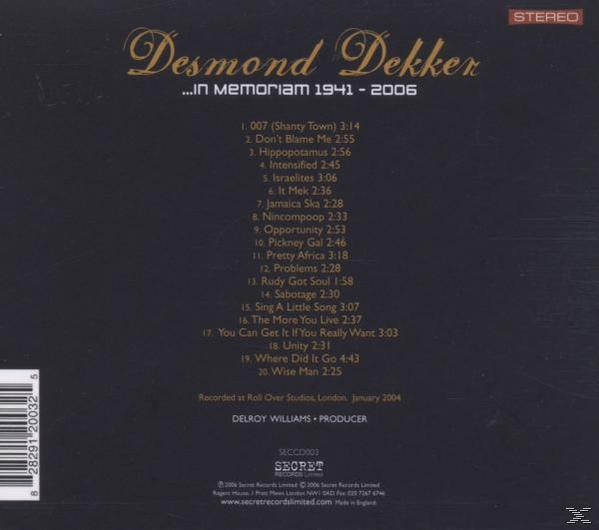 A CD borítója a ...In Memoriam albumhoz, Desmond Dekkertől. A borító fekete és arany.