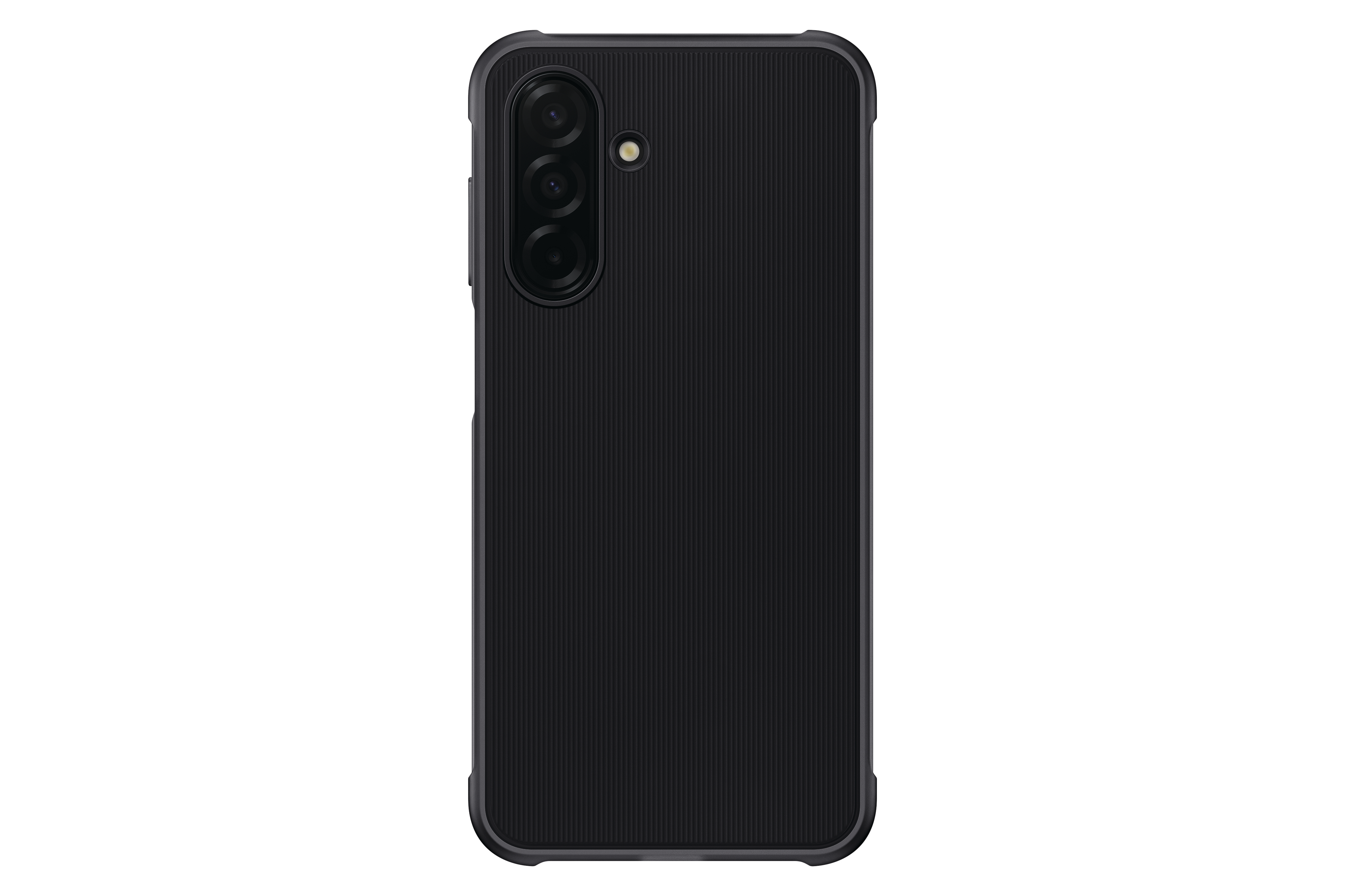 Ein schwarzes Telefon mit strukturierter Rückseite und drei Rückkameras, leicht angewinkelt.