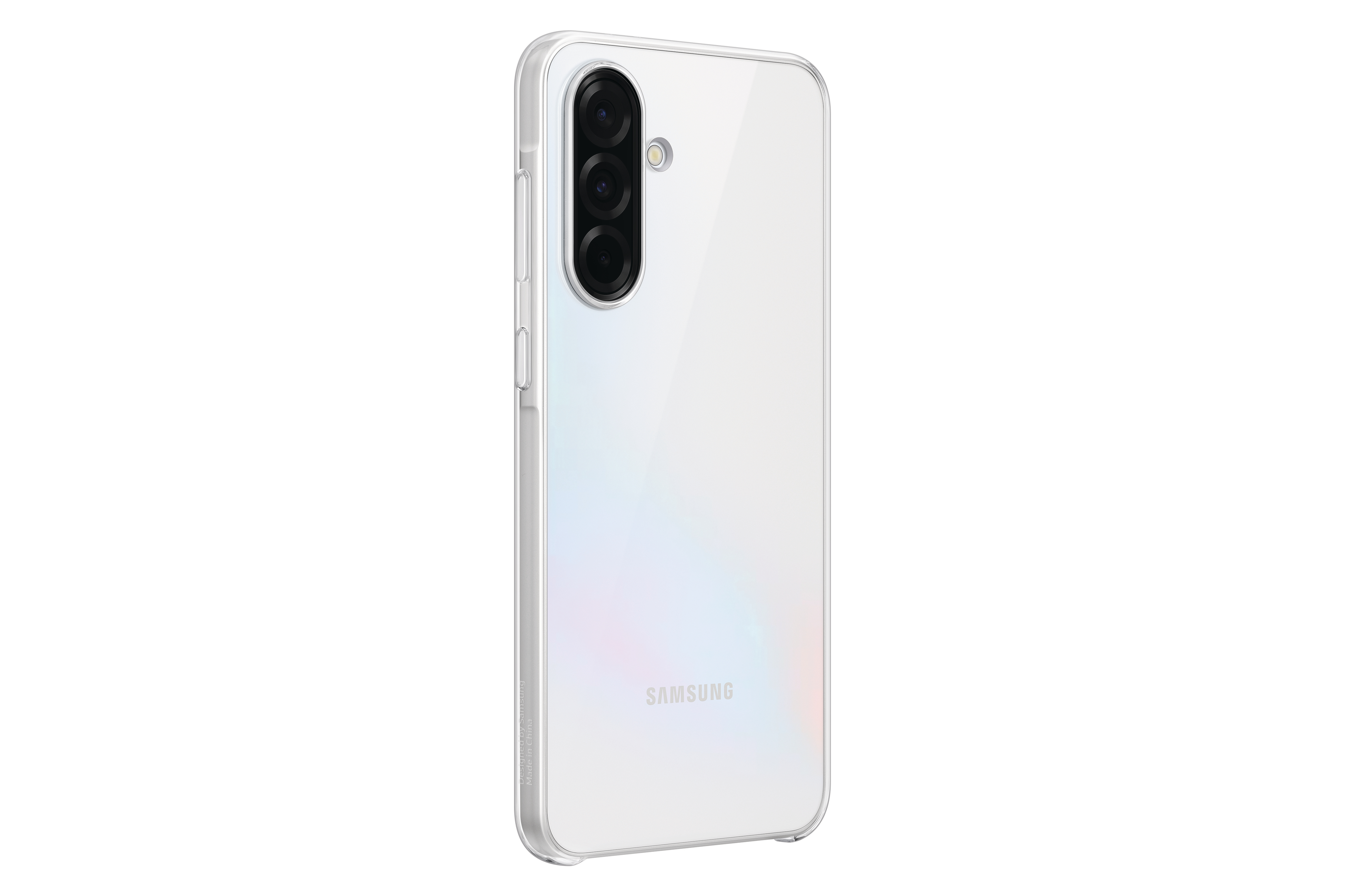 Rückseite eines weißen Smartphones mit drei Kameras, in einer transparenten Hülle.