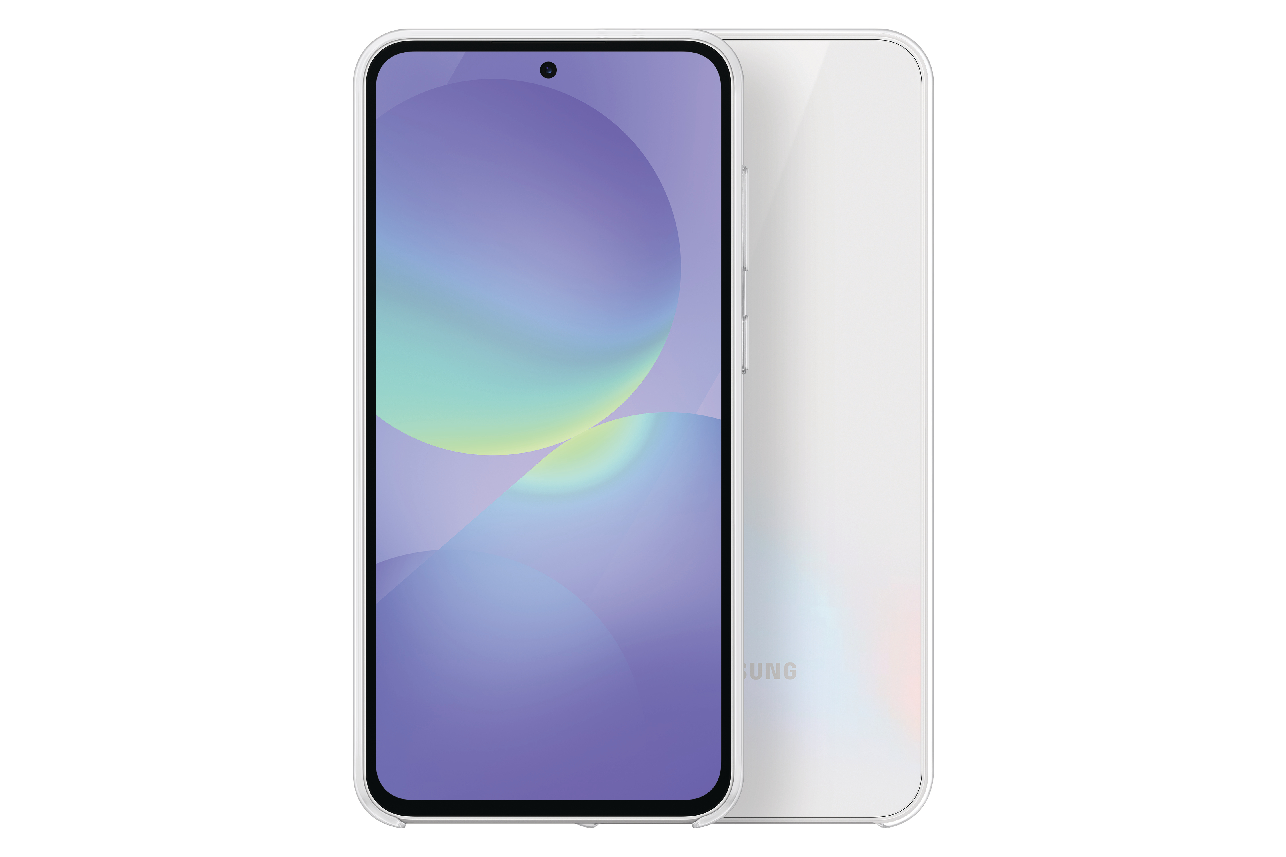 Ein weißes Samsung-Smartphone. Es zeigt die Vorder- und Rückseite mit einem violett-blauen Hintergrund.
