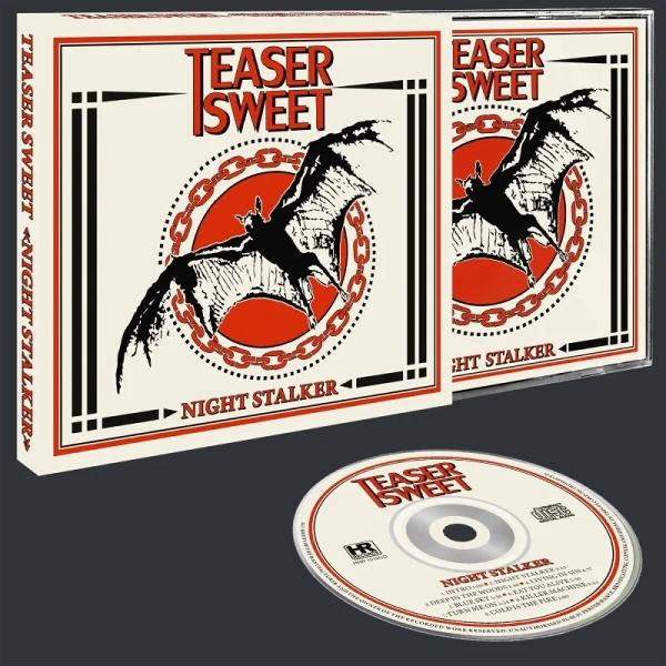 CD-Hülle und CD der Band Teaser Sweet, Album Night Stalker mit einem Fledermausbild.