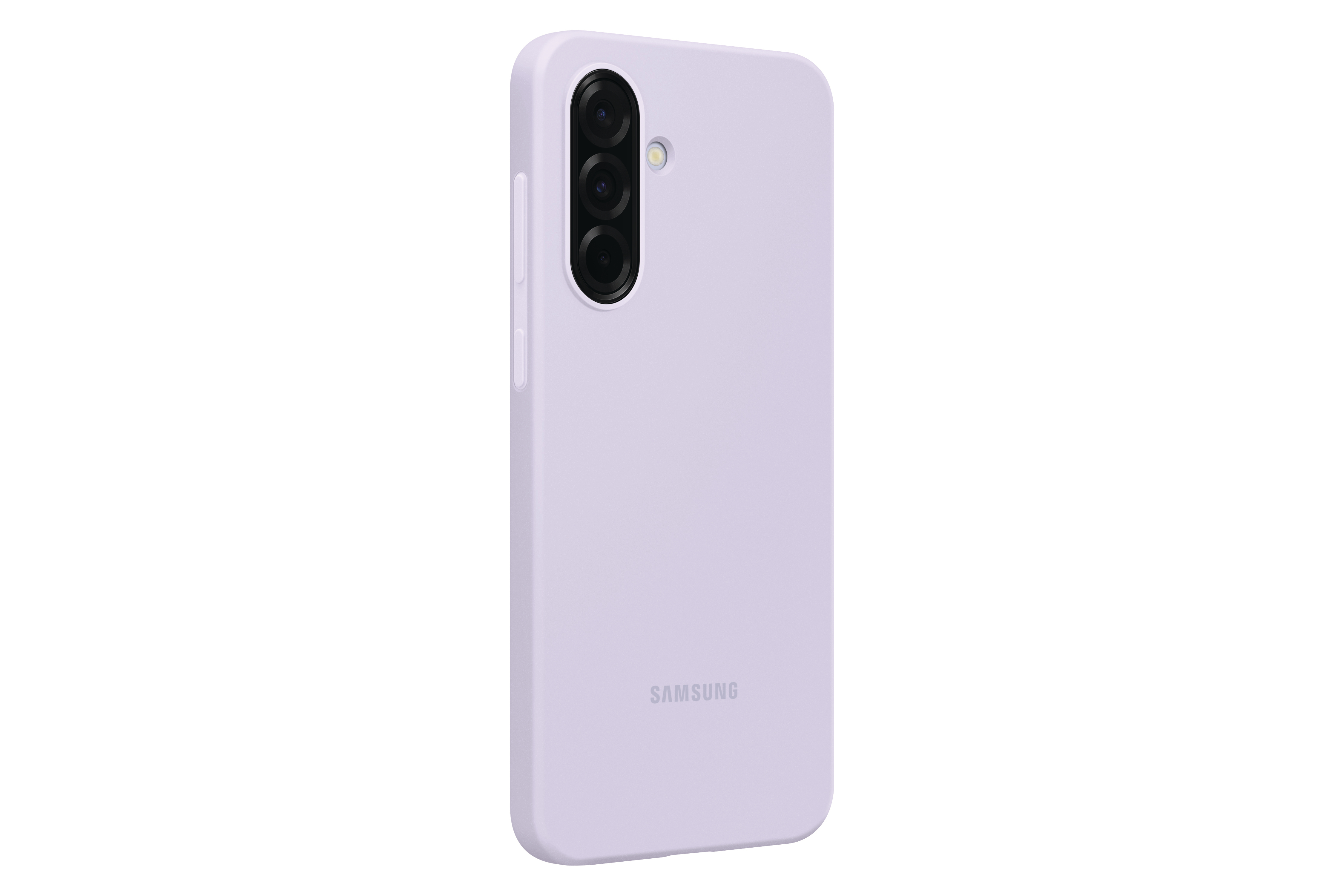 Lila Handyhülle, Samsung-Logo, Seitenansicht, mit drei Kameras, auf weißem Hintergrund.