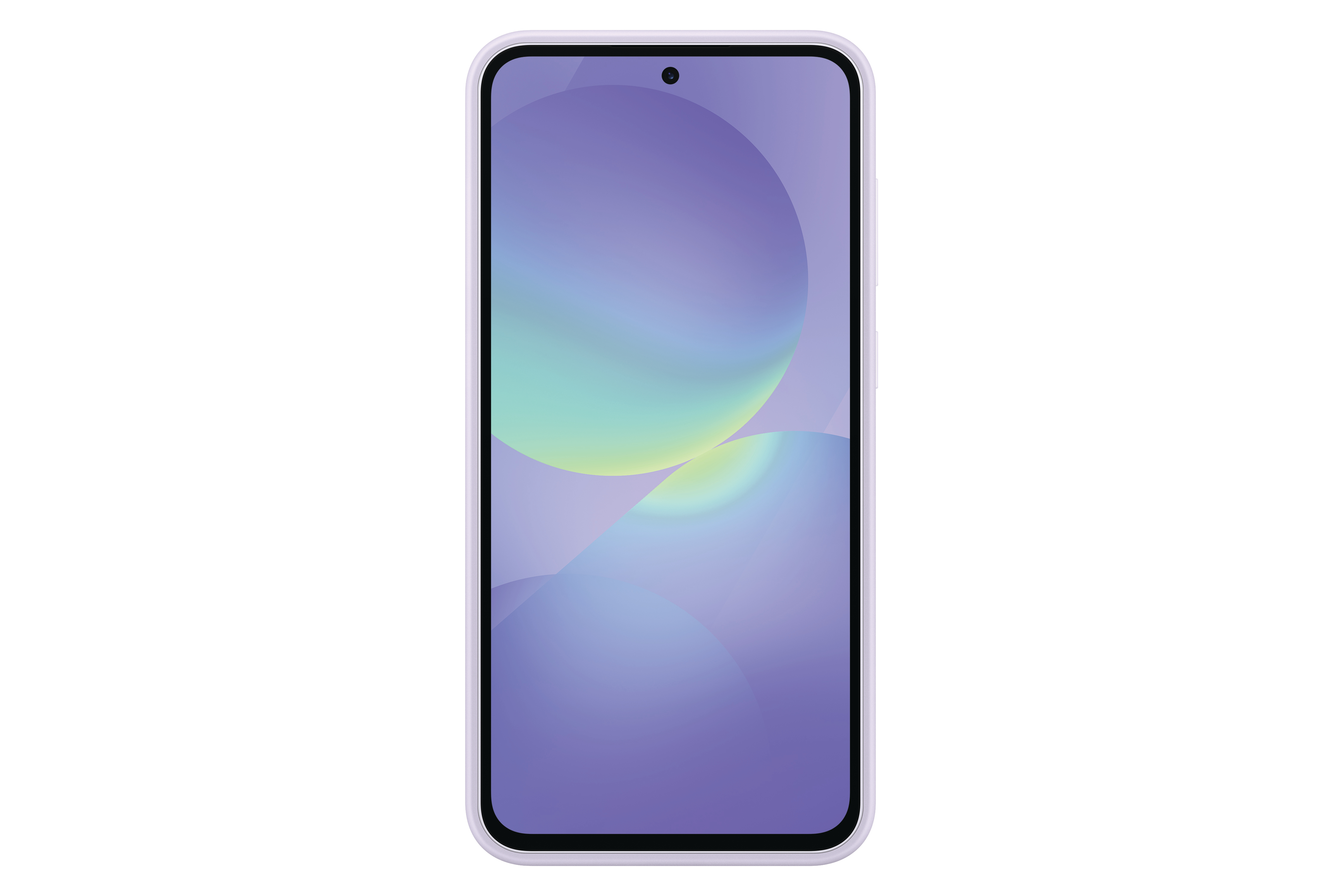 Lila Telefon. Vorderansicht, Bildschirm mit lila und hellgrünen Kreisen. Weißer Hintergrund.
