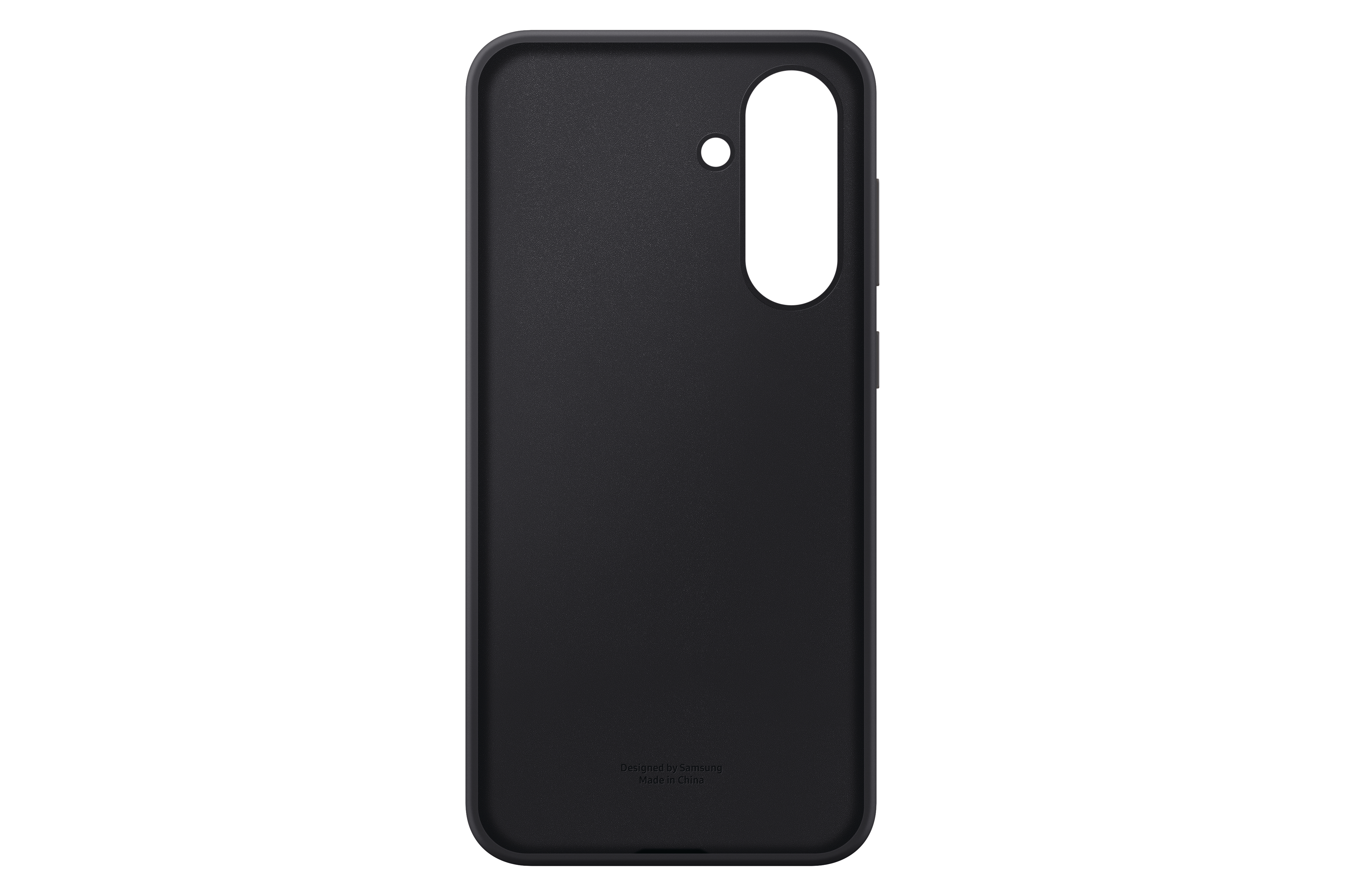 Eine schwarze Handyhülle mit einem Kameraloch und den Worten „Designed by Samsung“.