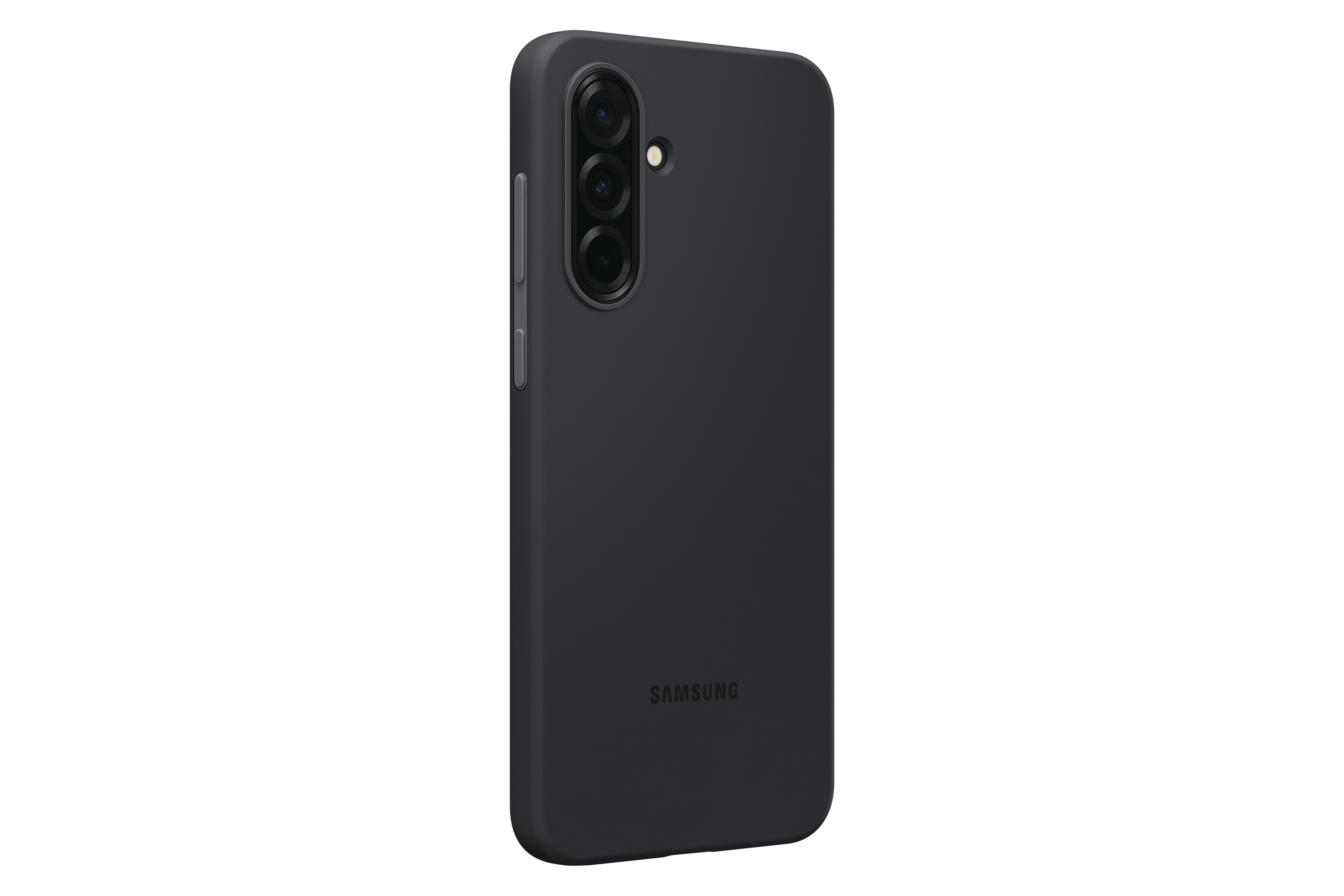 Eine schwarze Samsung-Handyhülle. Die Rückseite der Hülle mit Kameraausschnitt und Samsung-Logo ist zu sehen.