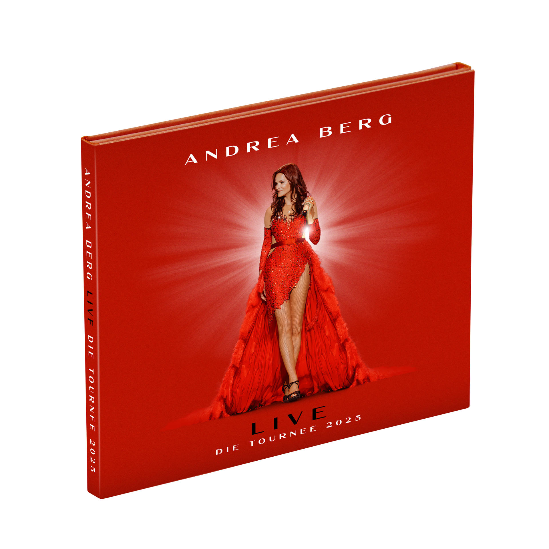 Rotes Albumcover mit Sängerin Andrea Berg in rotem Kleid, mit Tourtitel 'Die Tournee 2025'.