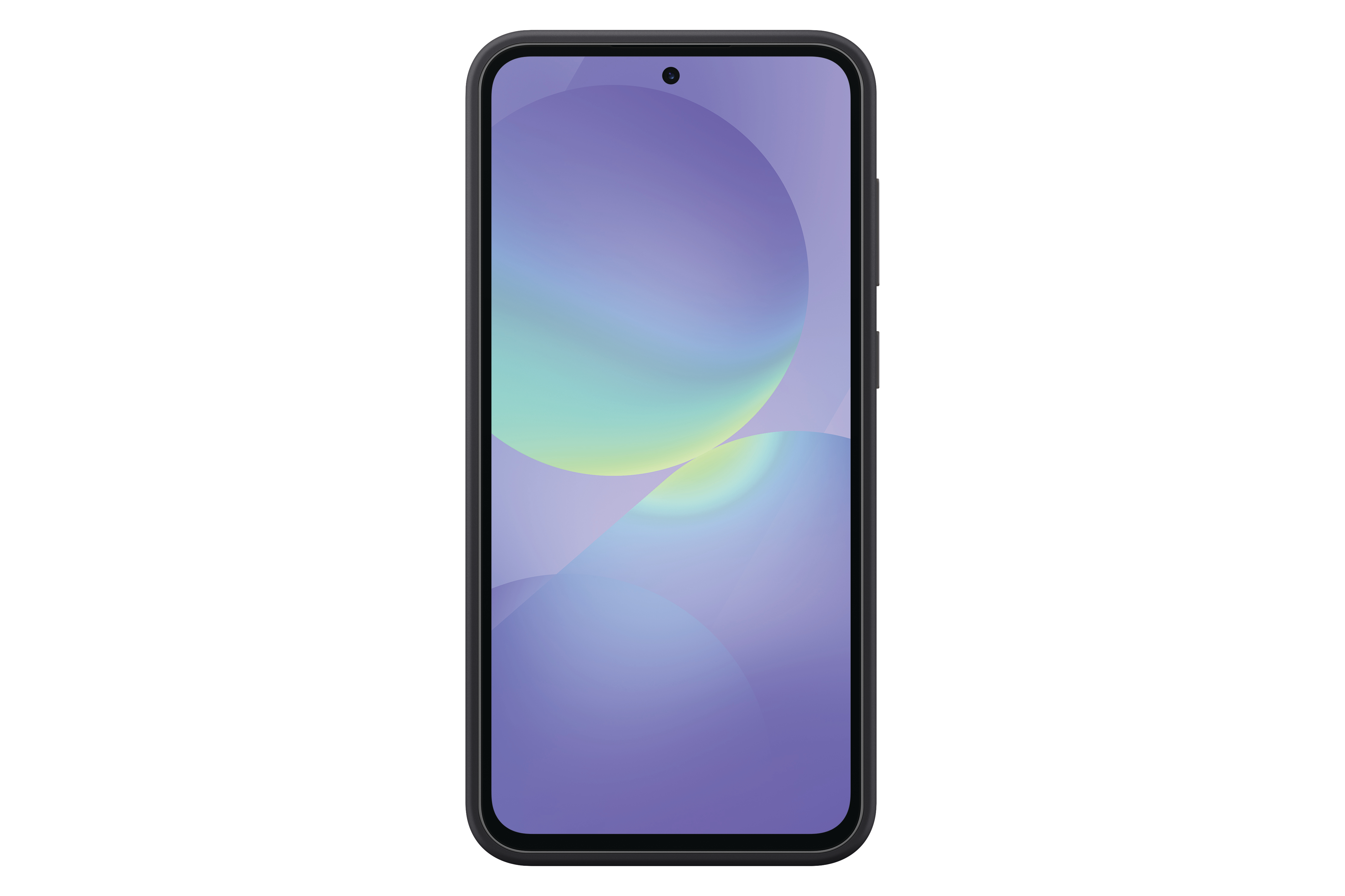 Schwarzes Smartphone, Bildschirm zeigt lila und grünes abstraktes Design.