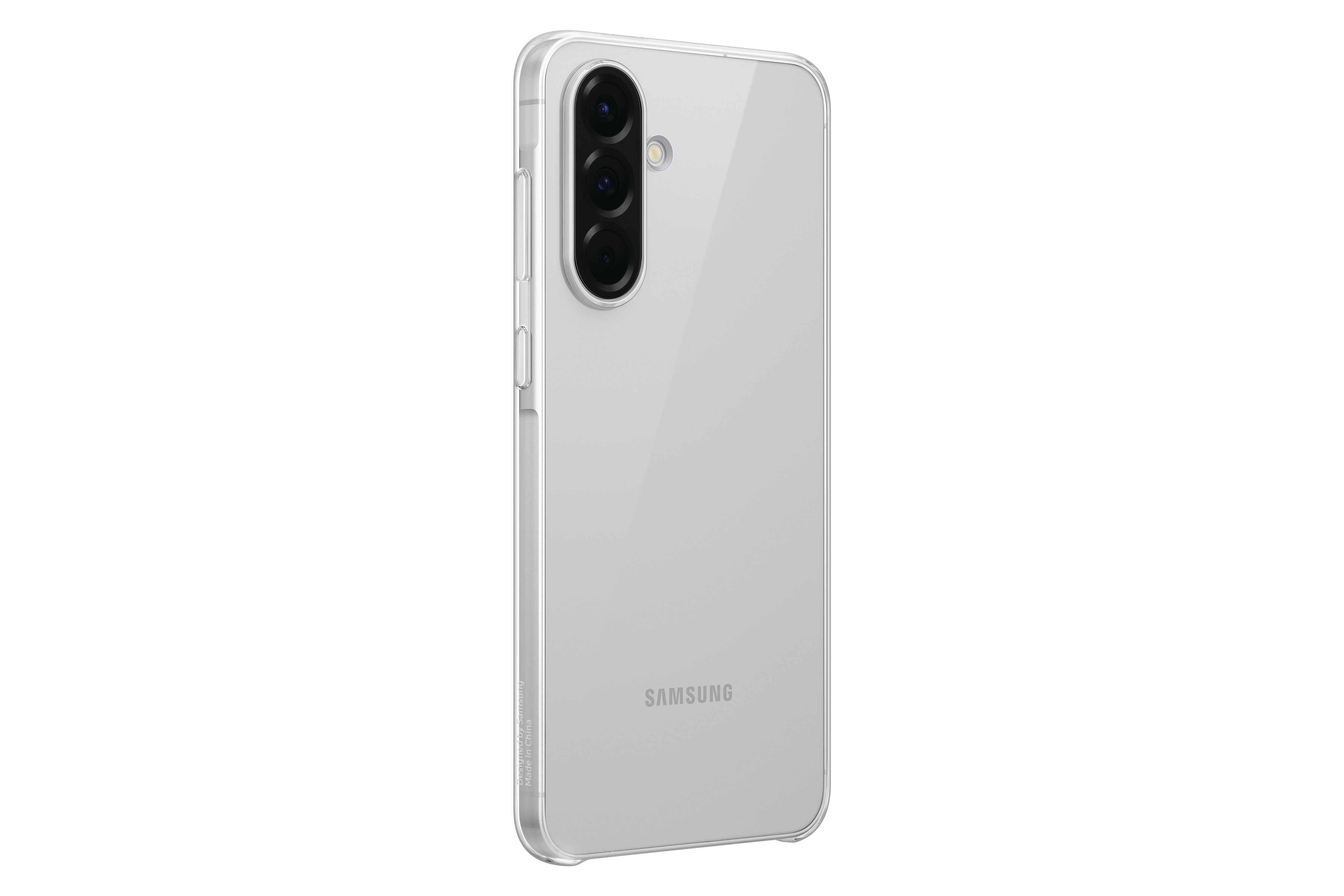 Smartphone mit durchsichtiger Hülle, Rückansicht, eine sichtbare Kameraanordnung und das Samsung-Logo.