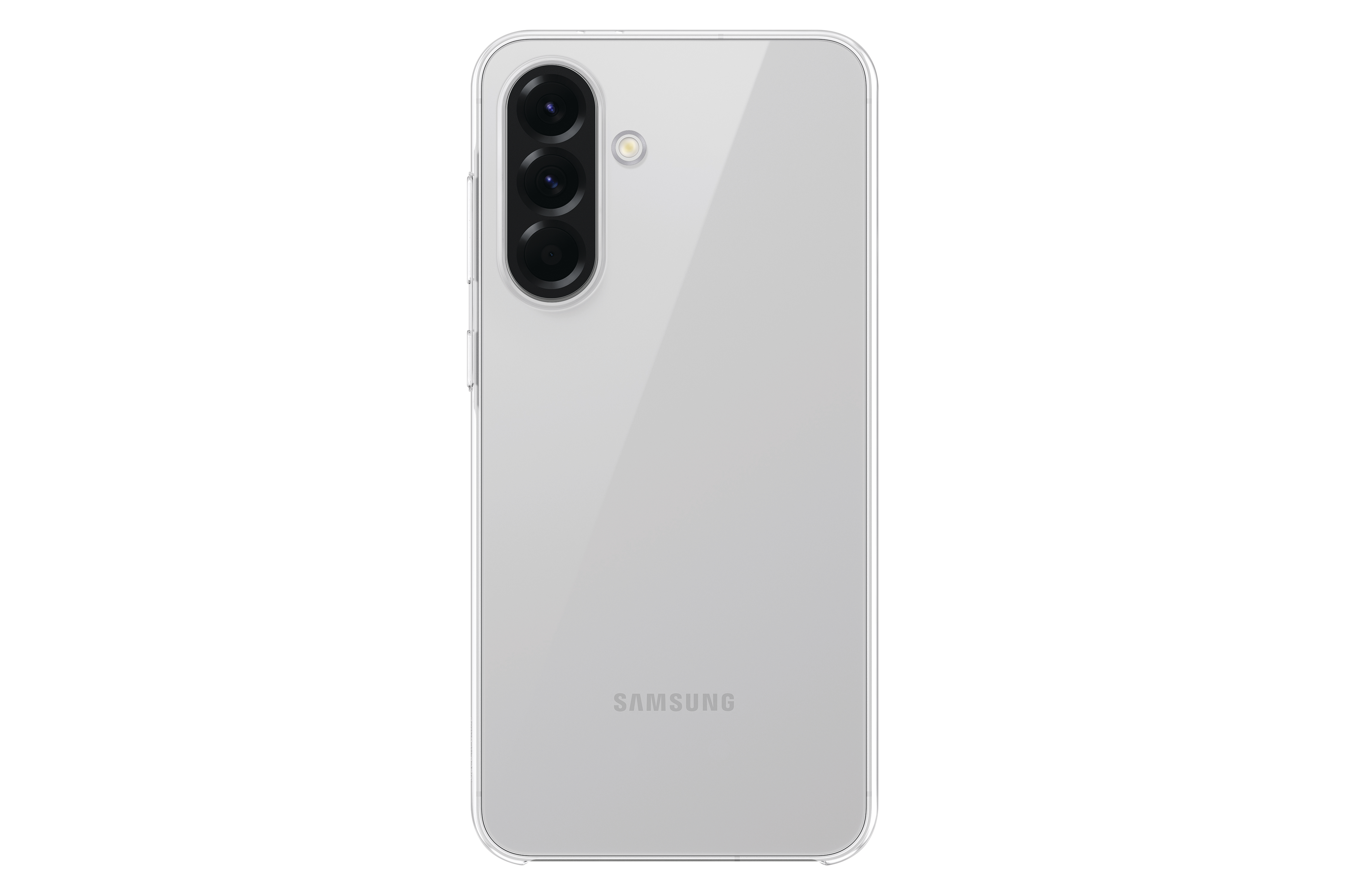 Eine transparente Handyhülle mit Dreifach-Kamera und dem Wort „SAMSUNG“ unten.