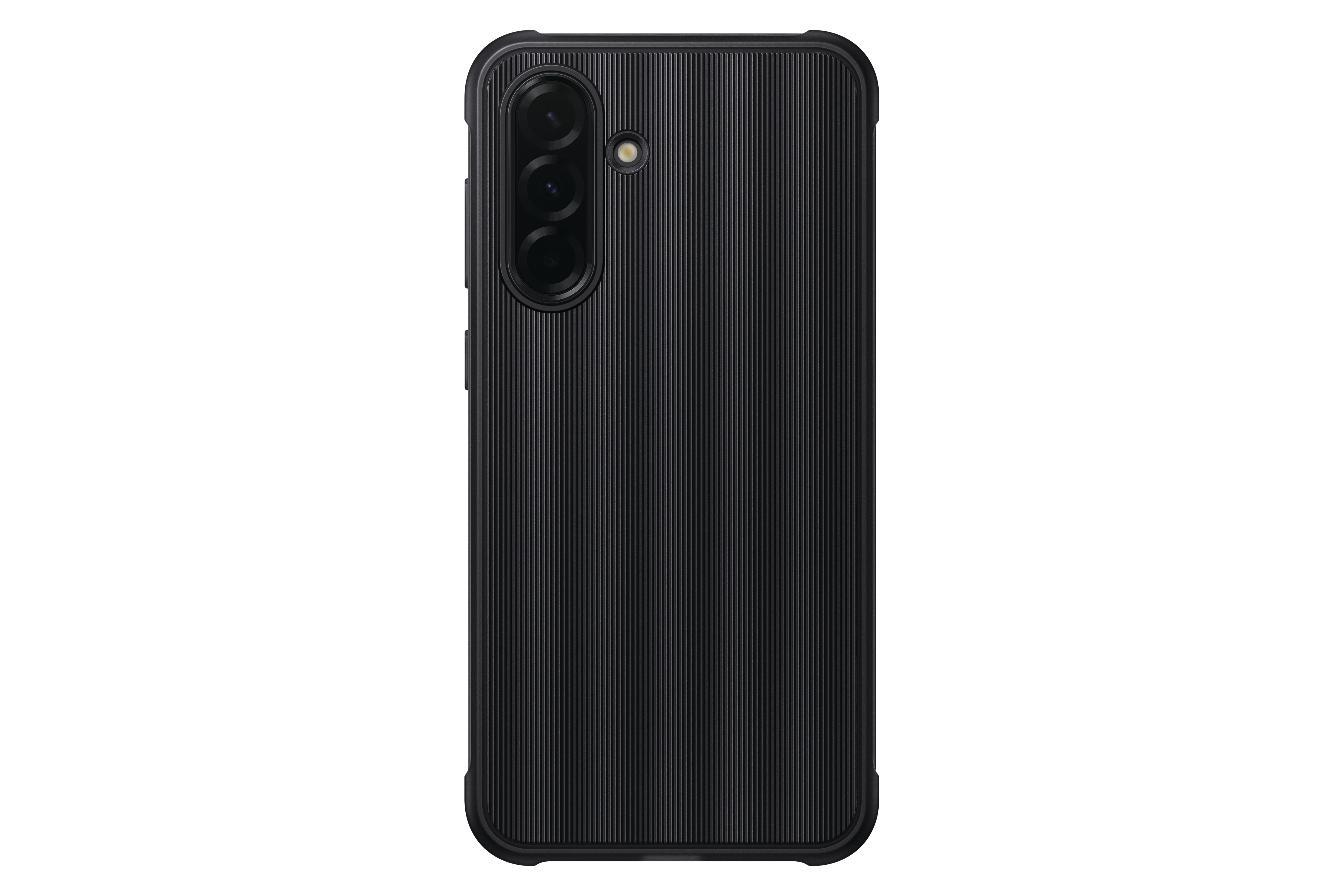 Schwarze Telefonrückseite mit vertikalen Linien und drei Kameras.