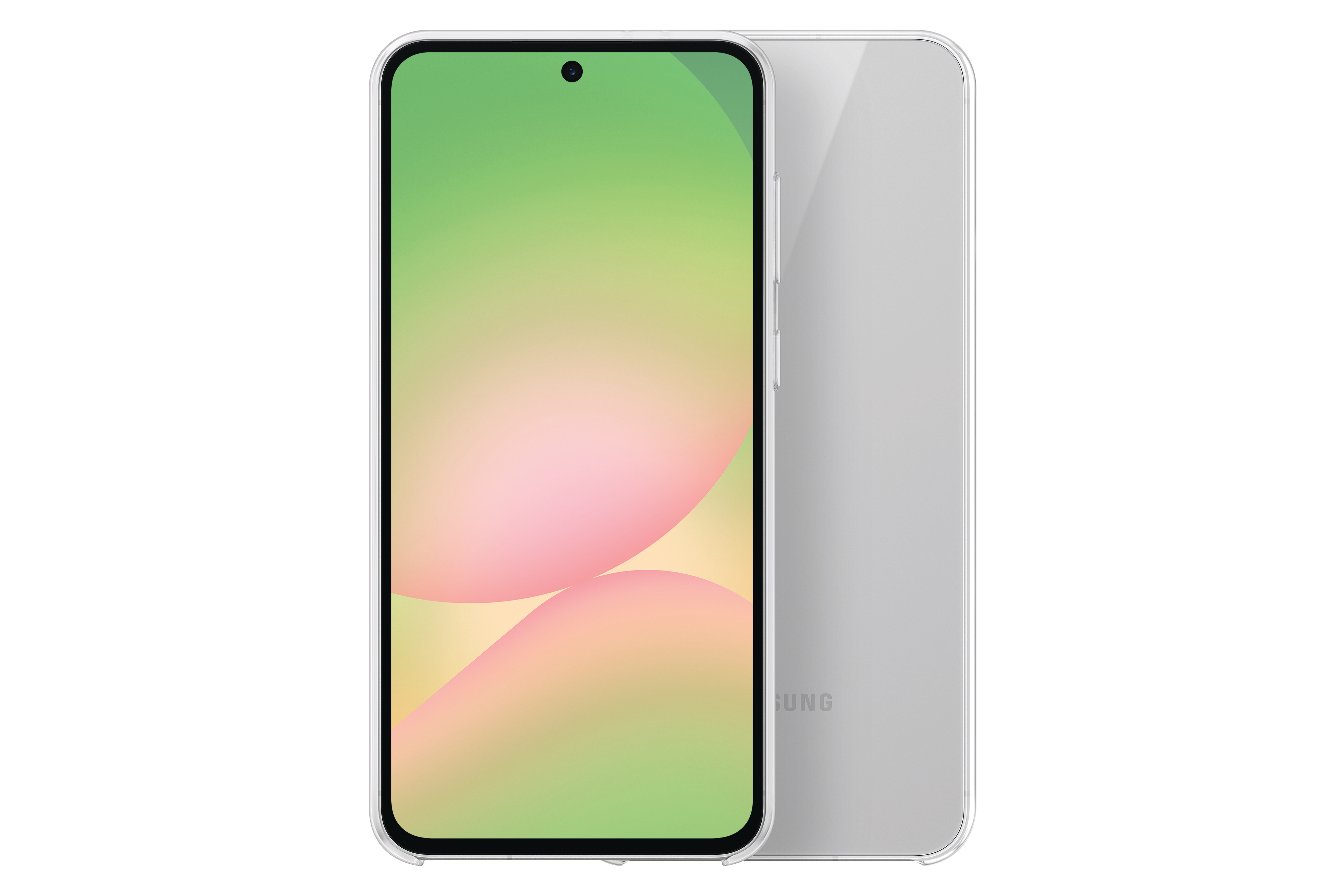 Silbernes Smartphone mit grün-rosa Gradienten-Bildschirm.