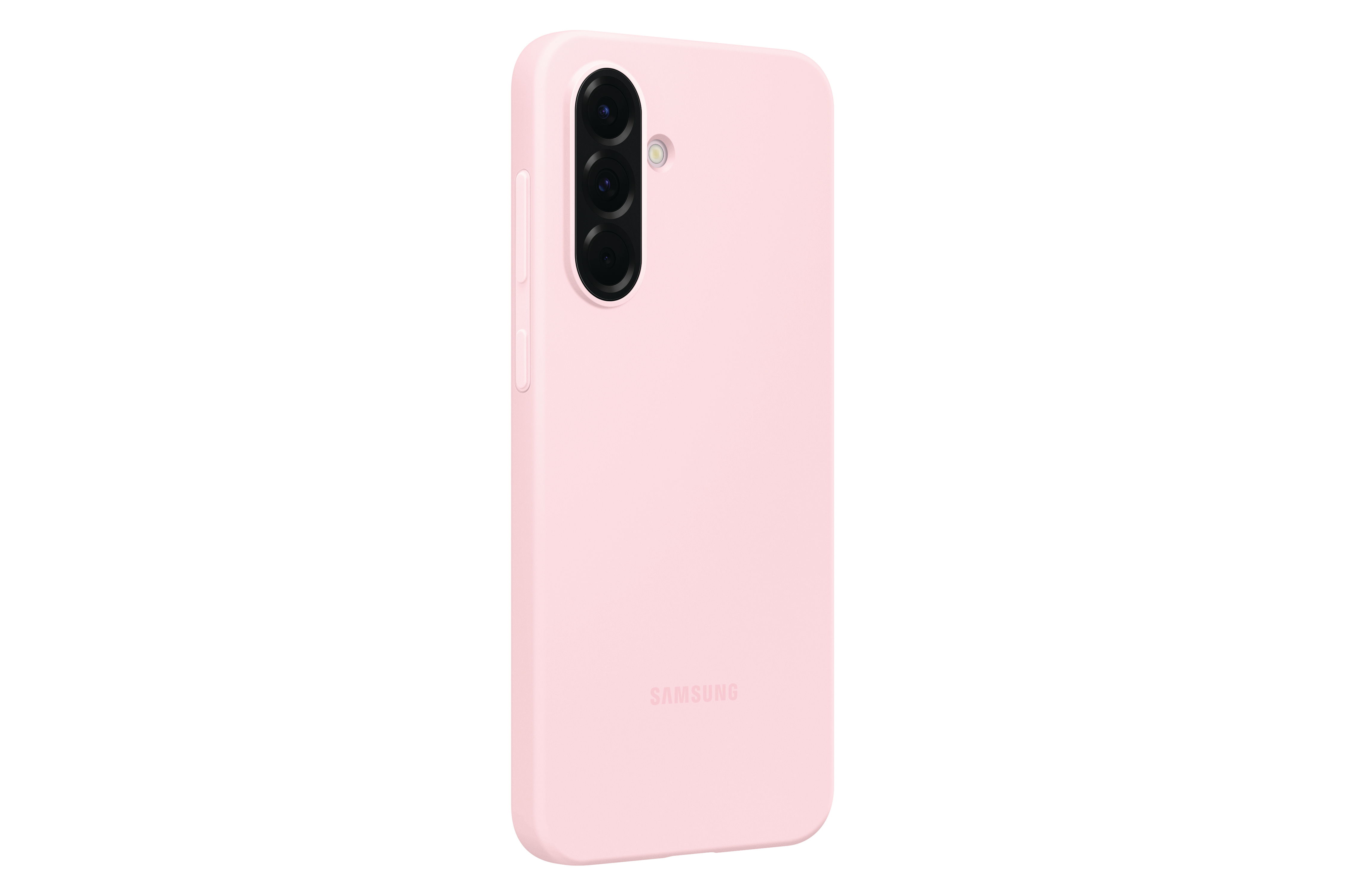 Eine pinkfarbene Samsung-Handyhülle mit Kamera und Samsung-Logo, von der Seite gesehen.