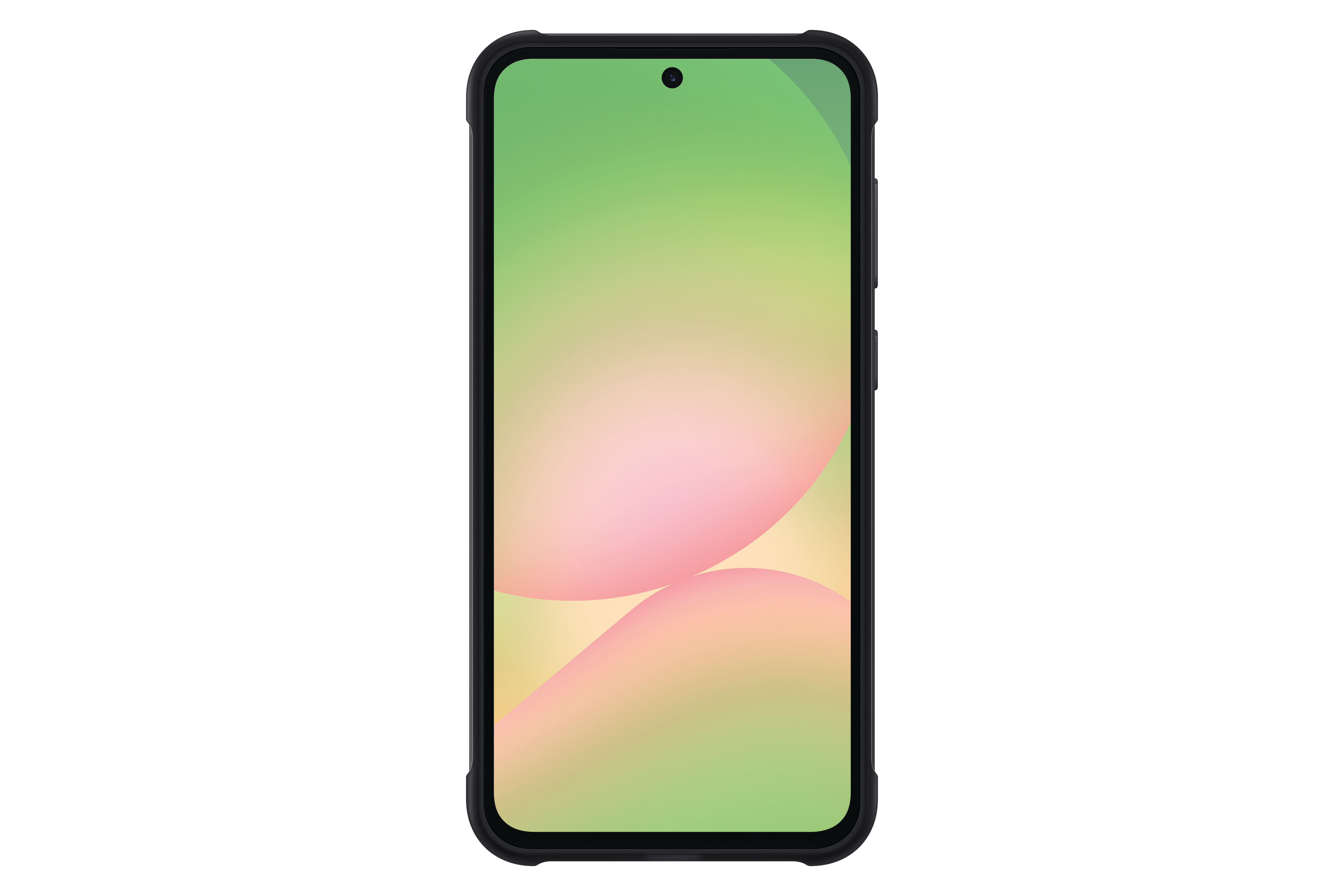 Smartphone in schwarzem Gehäuse mit grünem und rosa Hintergrund.