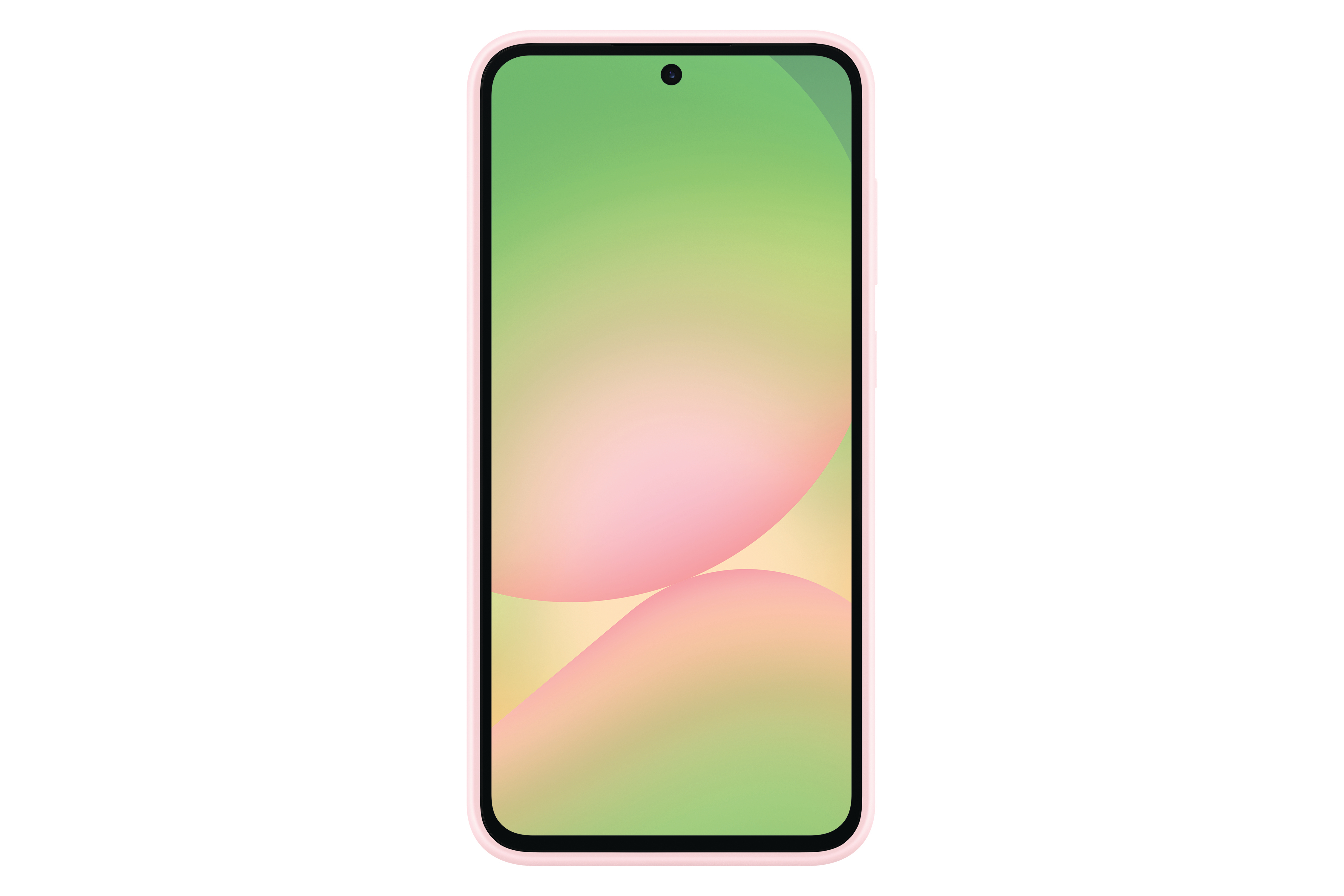 Rosa Telefon mit grünem und rosa Farbverlauf auf dem Bildschirm. Frontkamera sichtbar.