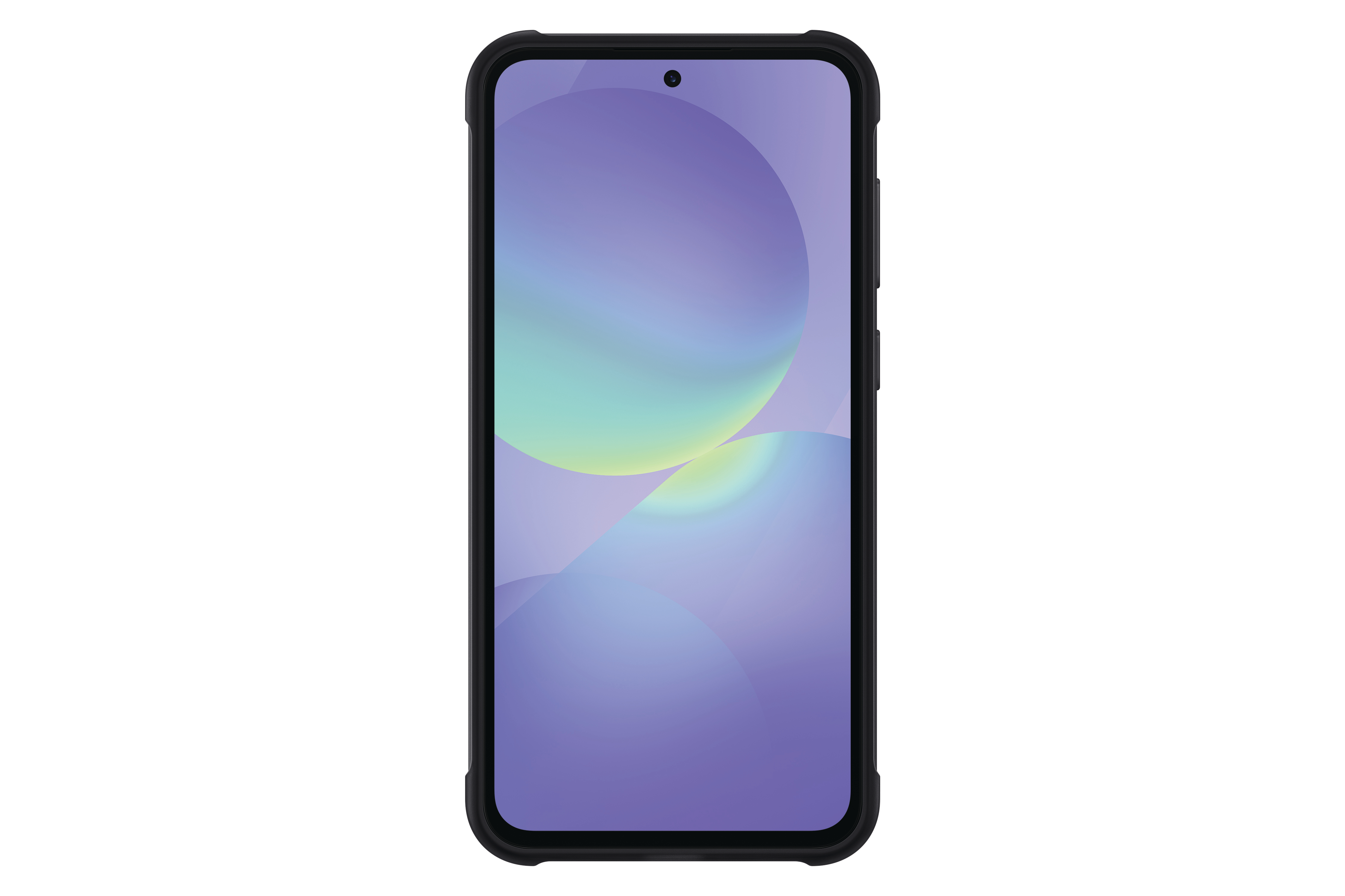 Smartphone in schwarzem Gehäuse mit lila und blauem Hintergrund.