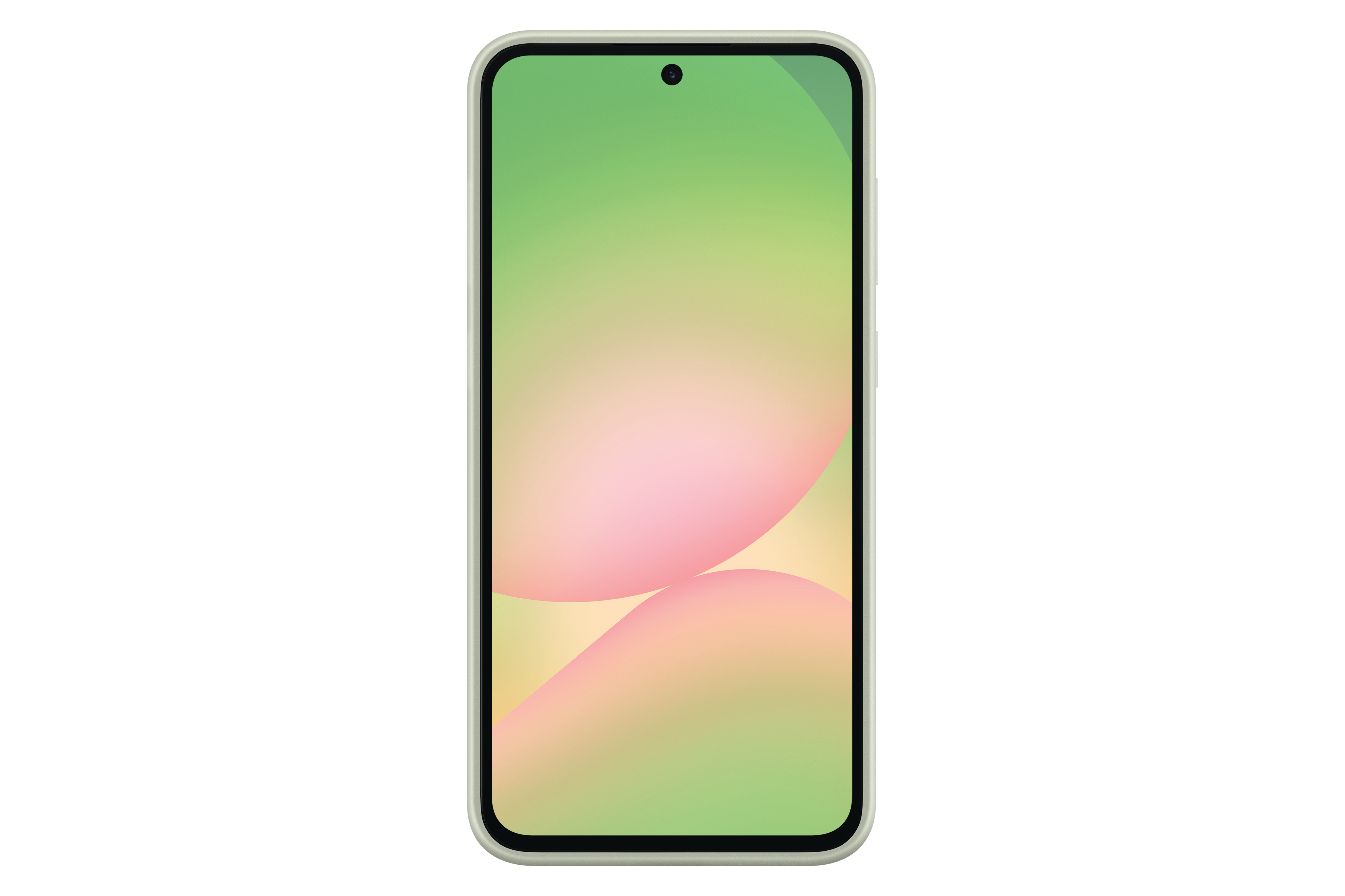 Ein Smartphone mit großem Bildschirm, der einen grünen, rosa und gelben Farbverlauf zeigt.