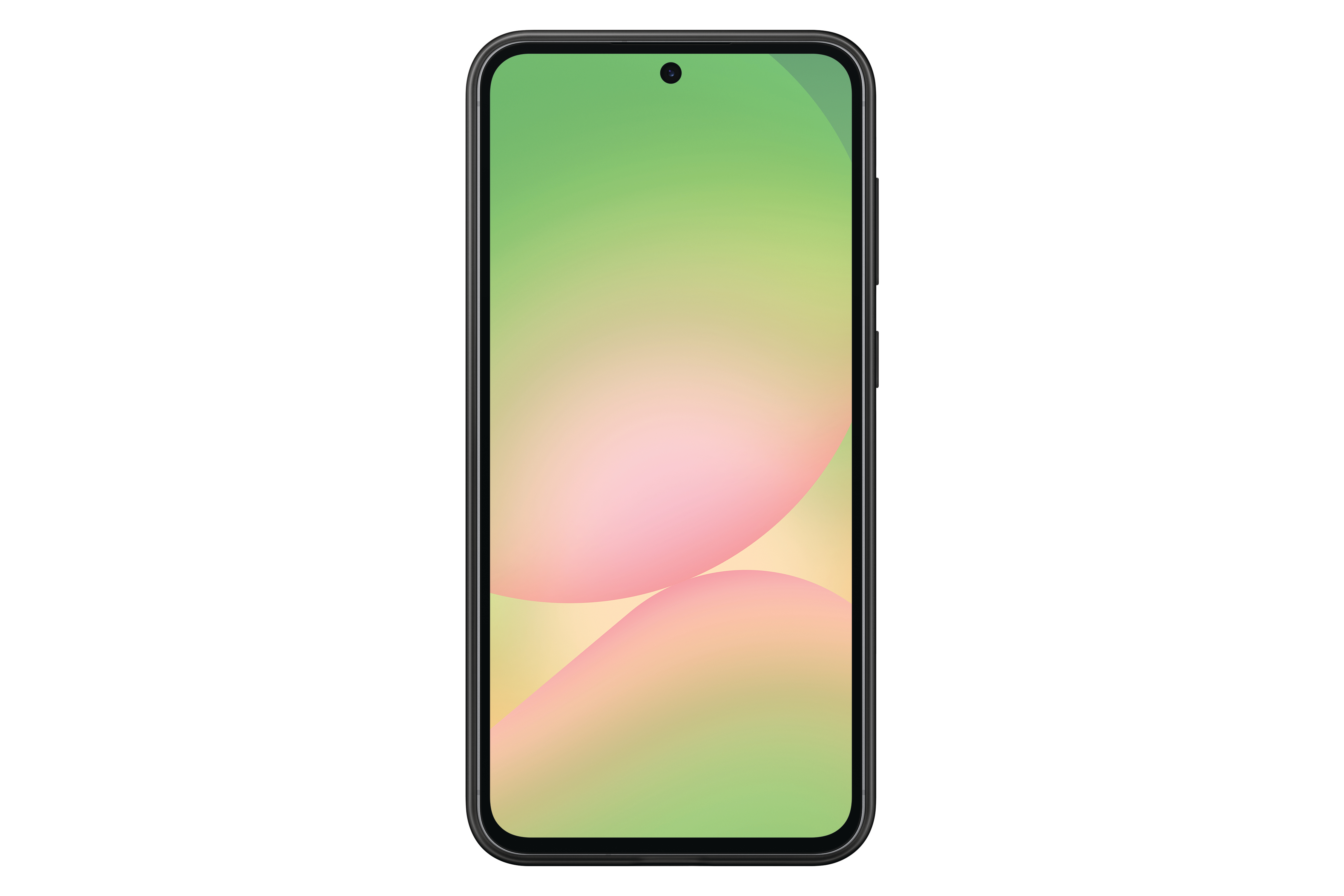 Schwarzes Telefon mit farbenfrohem, abstraktem Hintergrund. Der Hintergrund hat rosa und grüne Farben. Weißer Hintergrund.