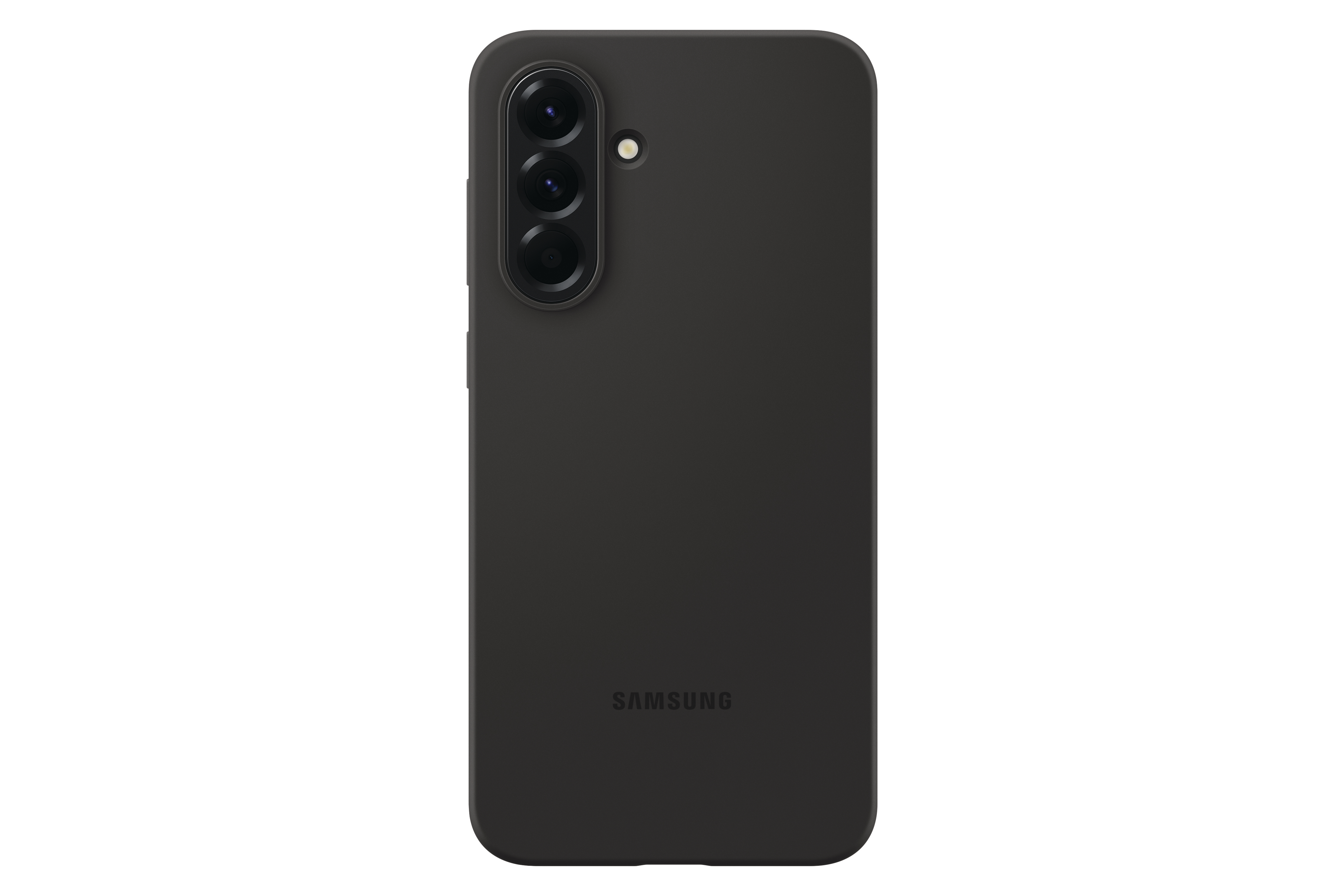 Eine schwarze Handyhülle mit drei Kameras auf der Rückseite. Das Samsung-Logo ist sichtbar.