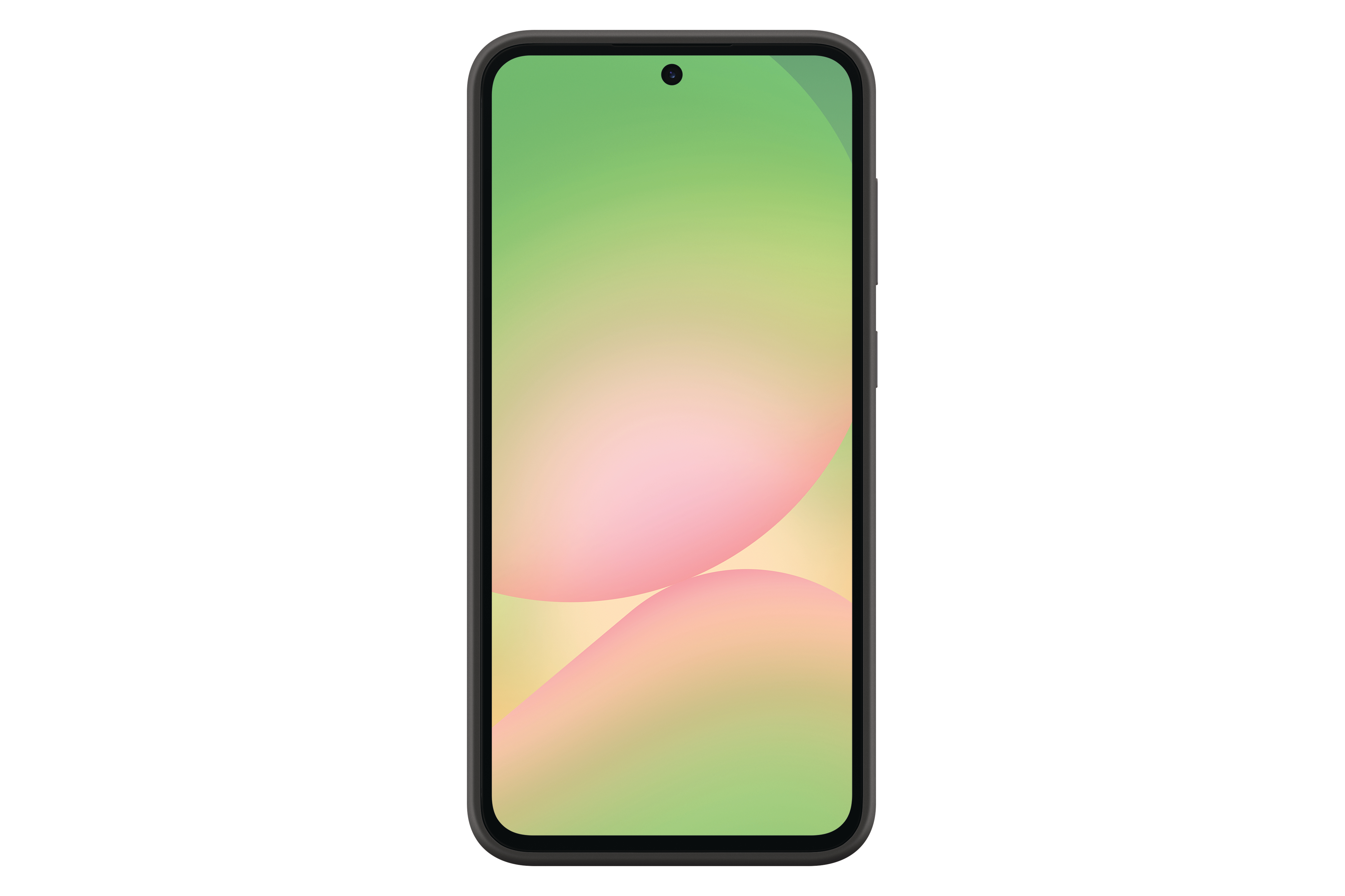 Schwarzes Telefon mit grünem und rosa Farbverlauf auf dem Bildschirm. Frontkamera sichtbar.