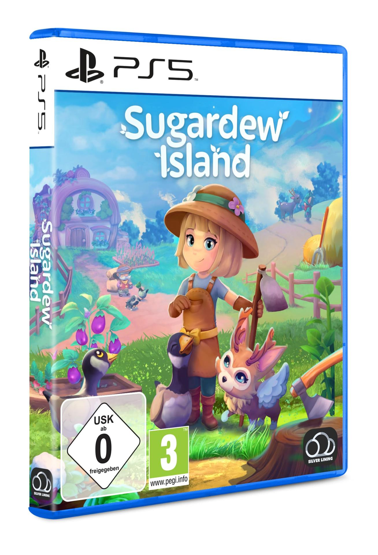 Sugardew Island Spielbox für PS5. Enthält eine Bauernhofszene und Charaktere auf dem Cover.