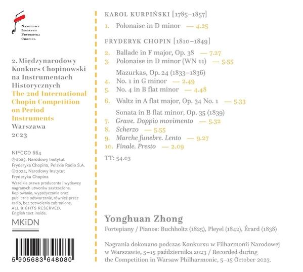 Albumcover mit Text, der Kompositionen und Details des Chopin-Wettbewerbs in Warschau auflistet.