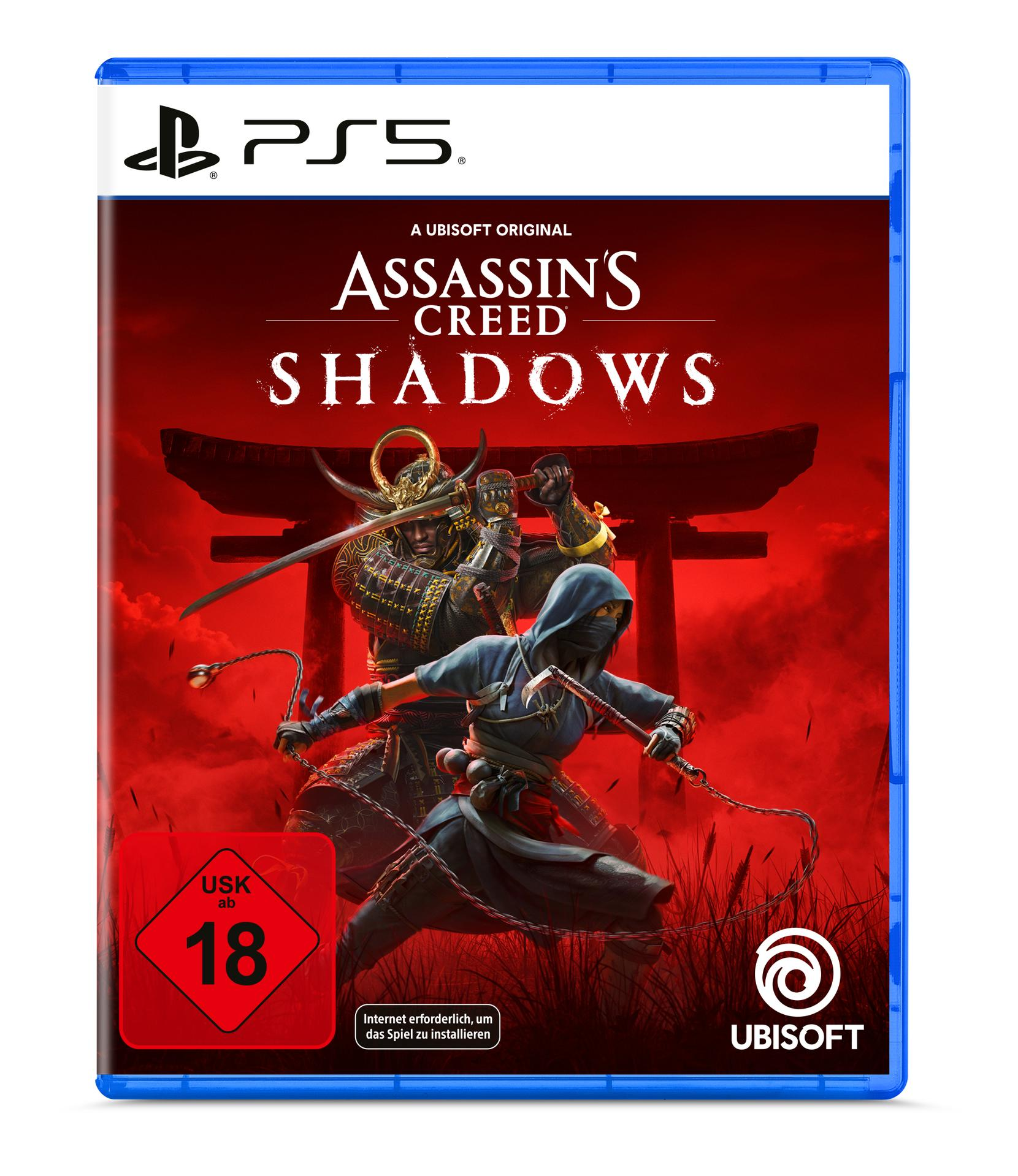 PS5-Spielhülle von Assassin's Creed Shadows. Zwei Samurai kämpfen. Roter Hintergrund mit Spieletitel und Logo.